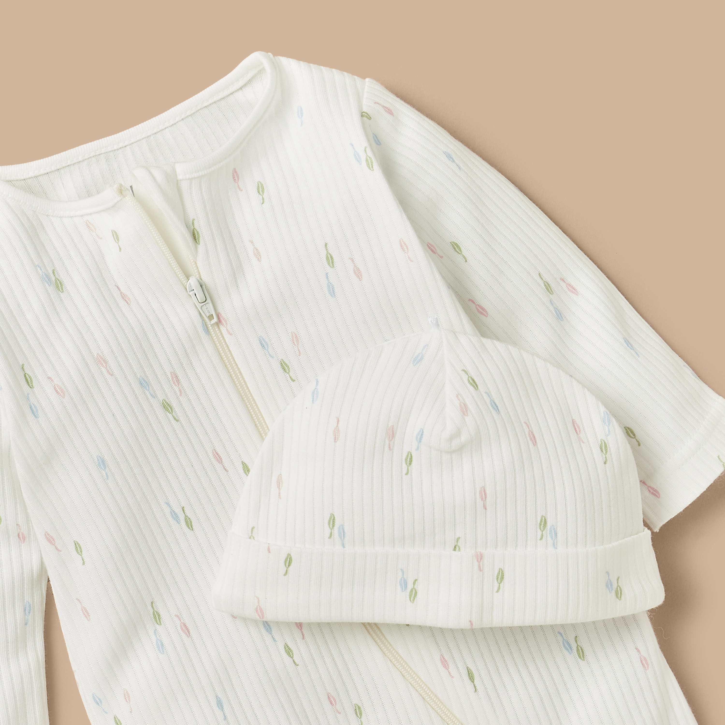 Juniors Floral Print Ribbed Closed Feet Sleepsuit with Cap-baby-girls-clothing-nightwear-sleepsuits-image-4