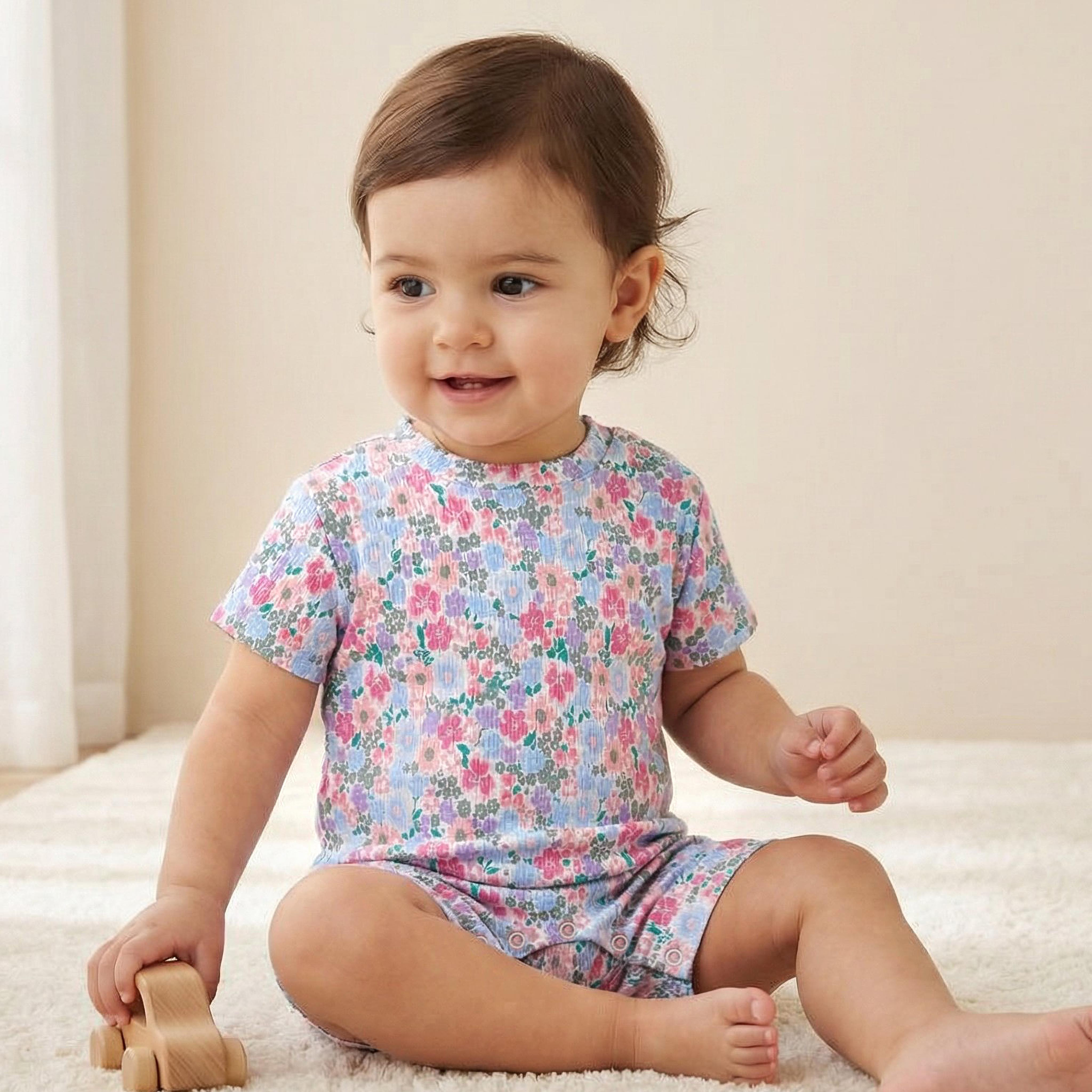 Juniors Floral Print Romper with Short Sleeves and Button Closure-baby-girls-clothing-rompers-image-1
