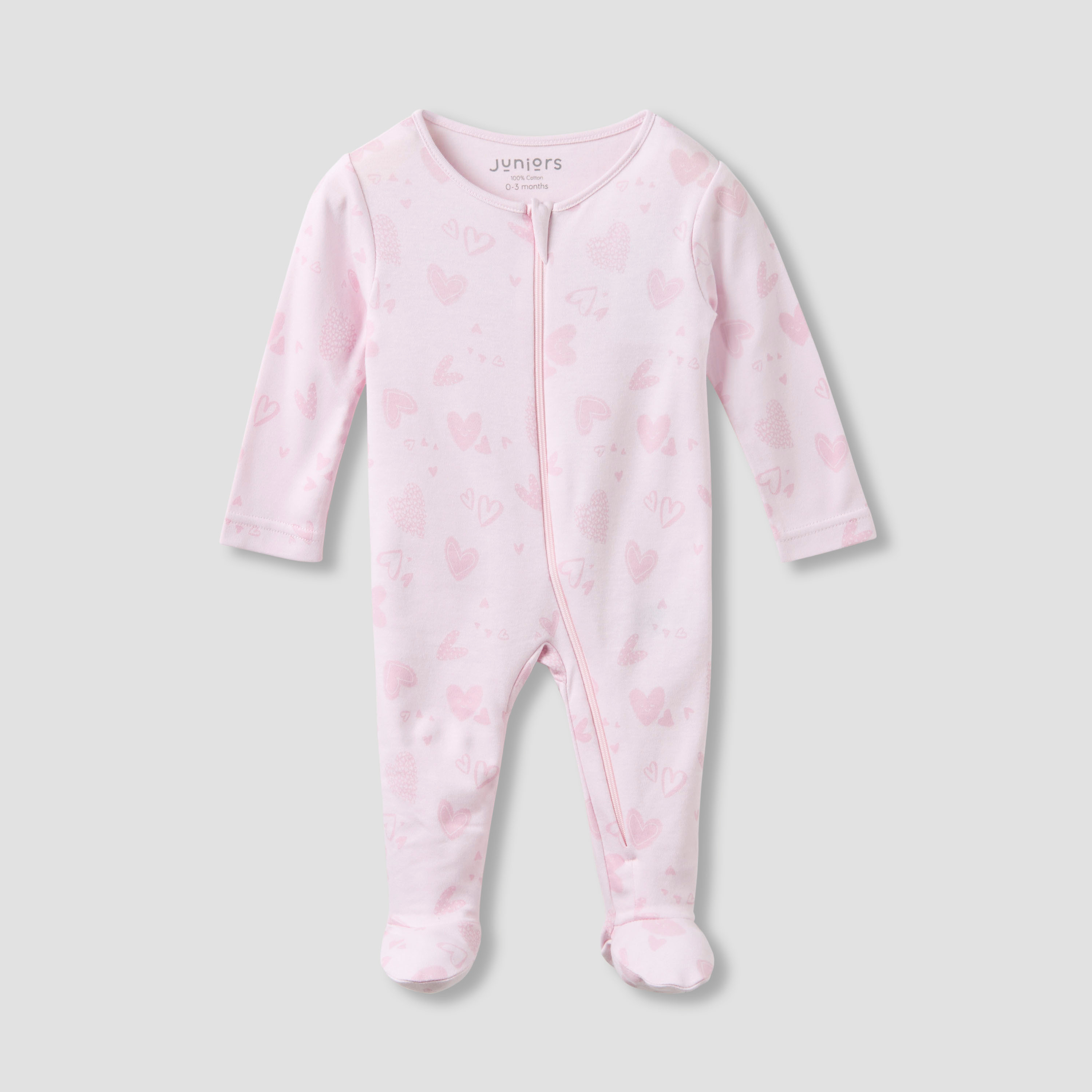 Juniors Round Neck Closed Foot Sleepsuit with Heart Print - Cotton - Long Sleeves-baby-girls-clothing-nightwear-sleepsuits-image-1
