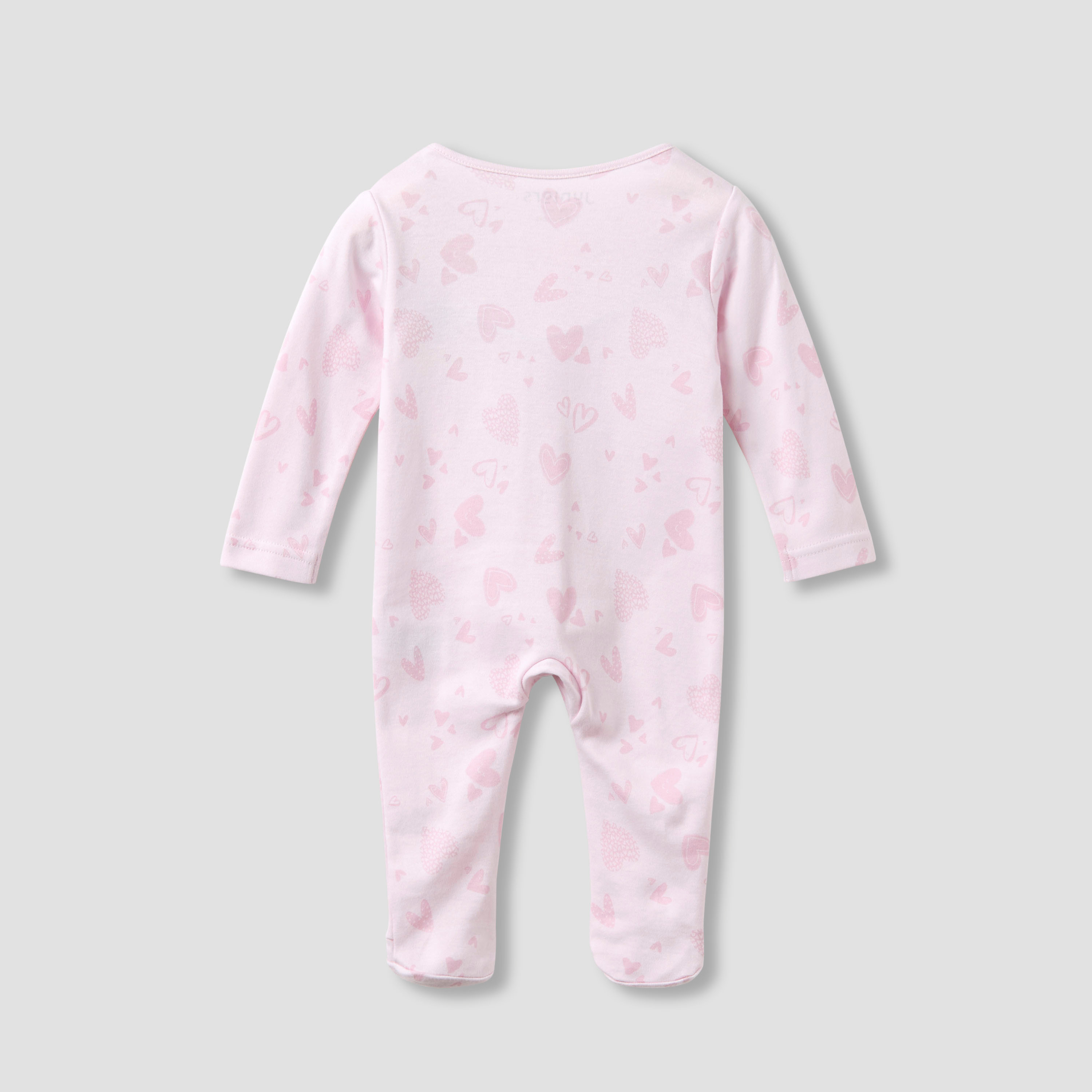 Juniors Round Neck Closed Foot Sleepsuit with Heart Print - Cotton - Long Sleeves-baby-girls-clothing-nightwear-sleepsuits-image-2