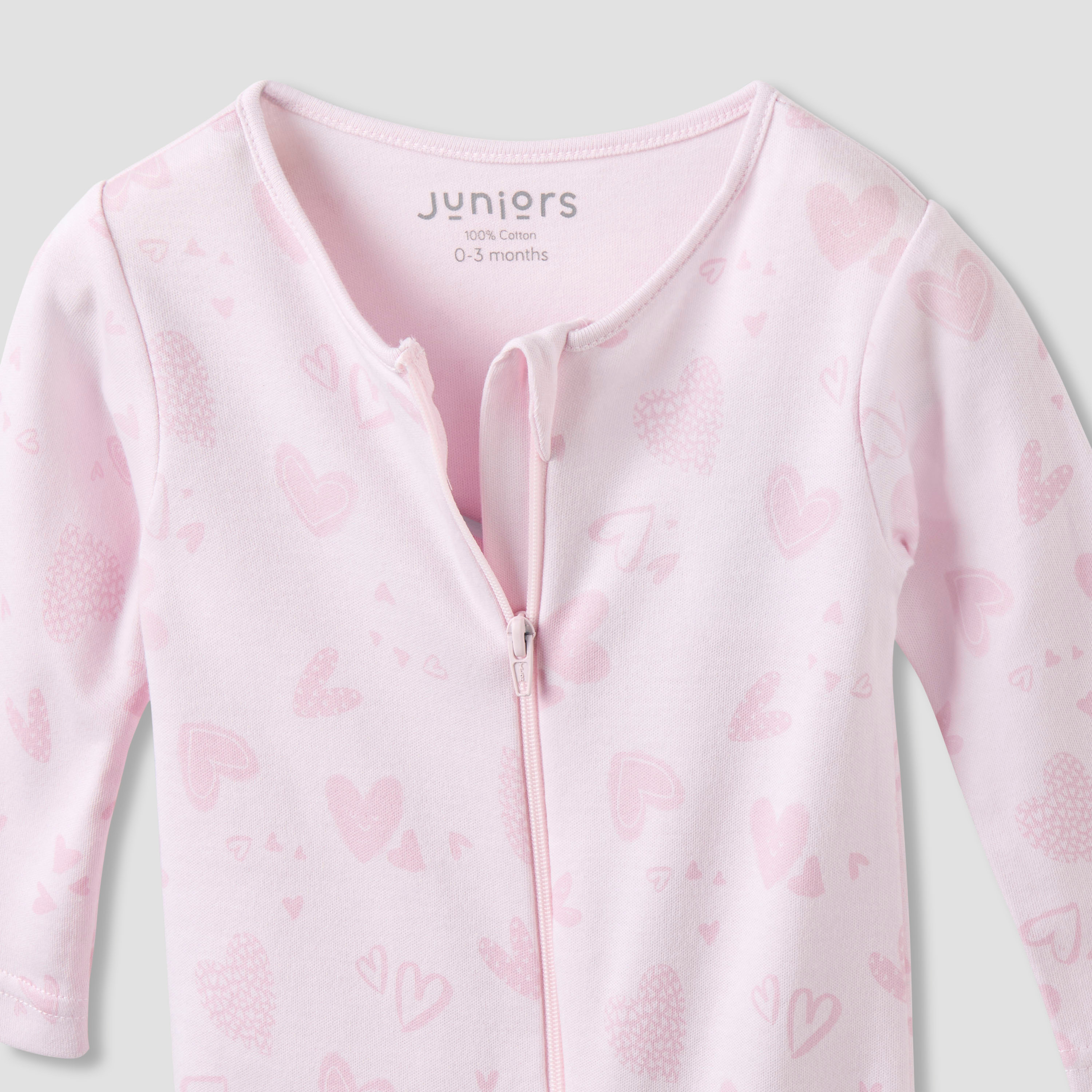 Juniors Round Neck Closed Foot Sleepsuit with Heart Print - Cotton - Long Sleeves-baby-girls-clothing-nightwear-sleepsuits-image-3