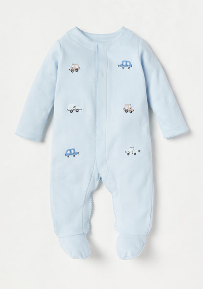 Giggles Car Embroidered Sleepsuit with Long Sleeves and Button Closure-Sleepsuits-image-0