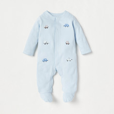 Giggles Car Embroidered Sleepsuit with Long Sleeves and Button Closure