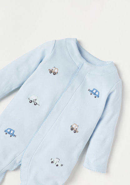 Giggles Car Embroidered Sleepsuit with Long Sleeves and Button Closure-Sleepsuits-image-1