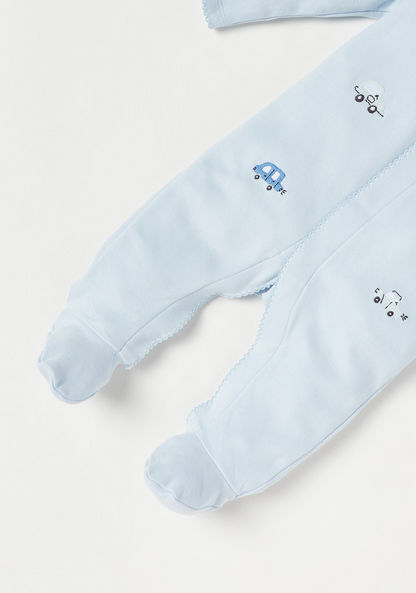Giggles Car Embroidered Sleepsuit with Long Sleeves and Button Closure-Sleepsuits-image-2