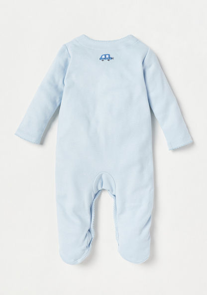 Giggles Car Embroidered Sleepsuit with Long Sleeves and Button Closure-Sleepsuits-image-3