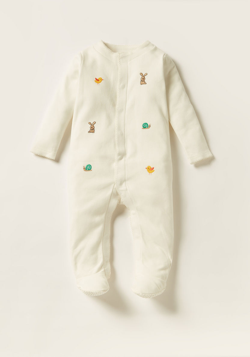 Giggles Embroidered Sleepsuit with Long Sleeves and Button Closure-Sleepsuits-image-0