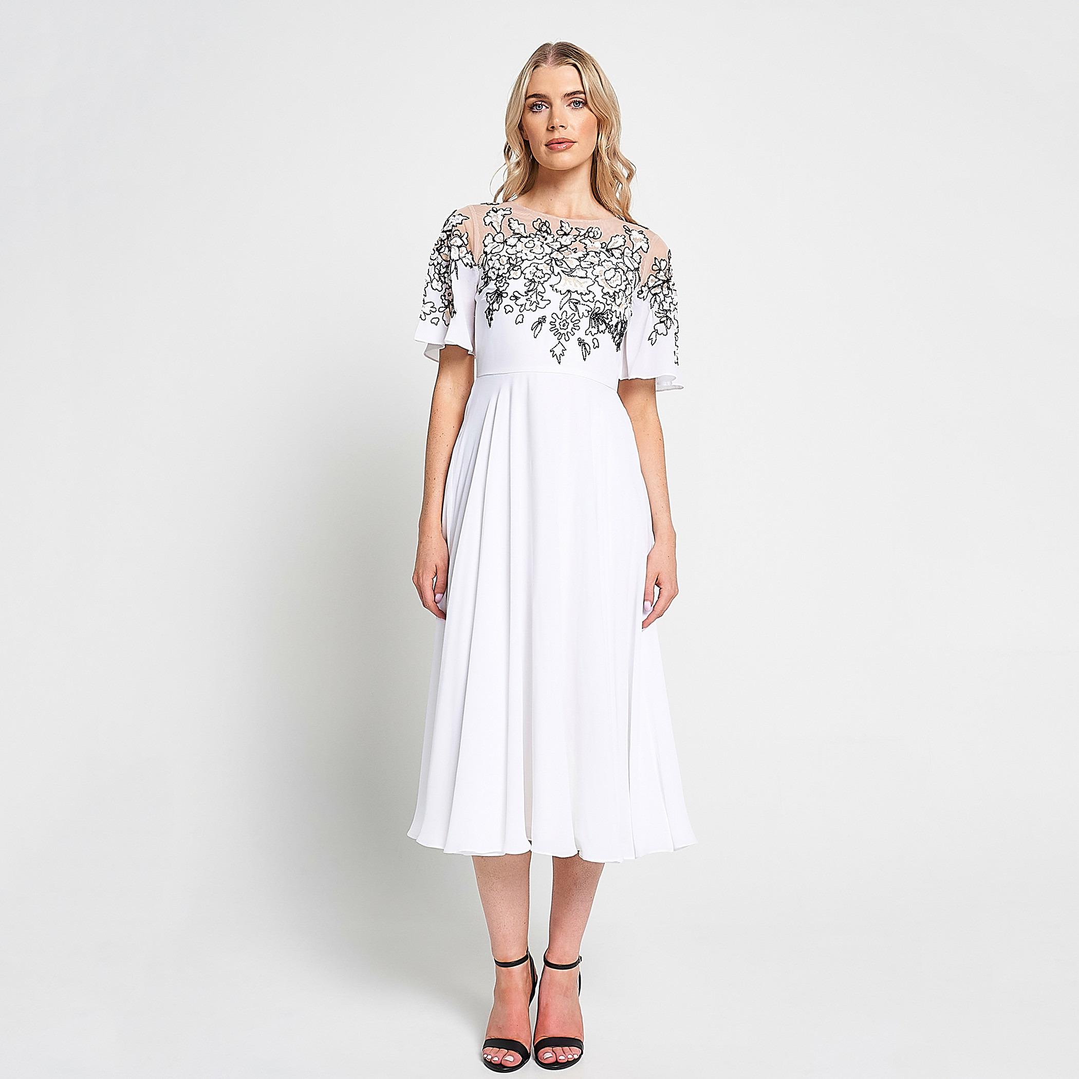 Frock and Frill White Beaded & Sequin Flared Sleeves Fit & Flare Party Midi Women's Dress-women-clothing-dresses-image-1