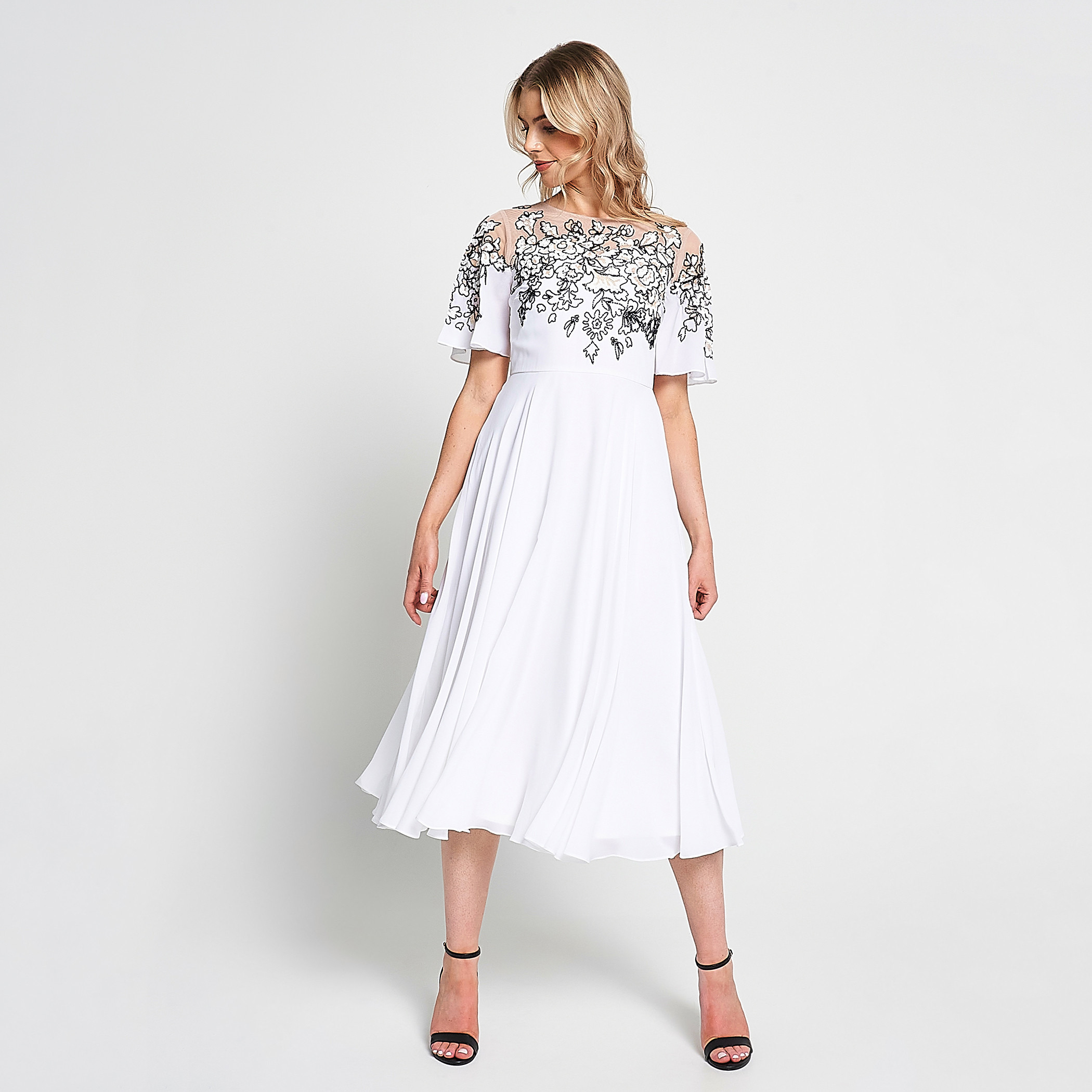 Frock and Frill White Beaded & Sequin Flared Sleeves Fit & Flare Party Midi Women's Dress-women-clothing-dresses-image-2
