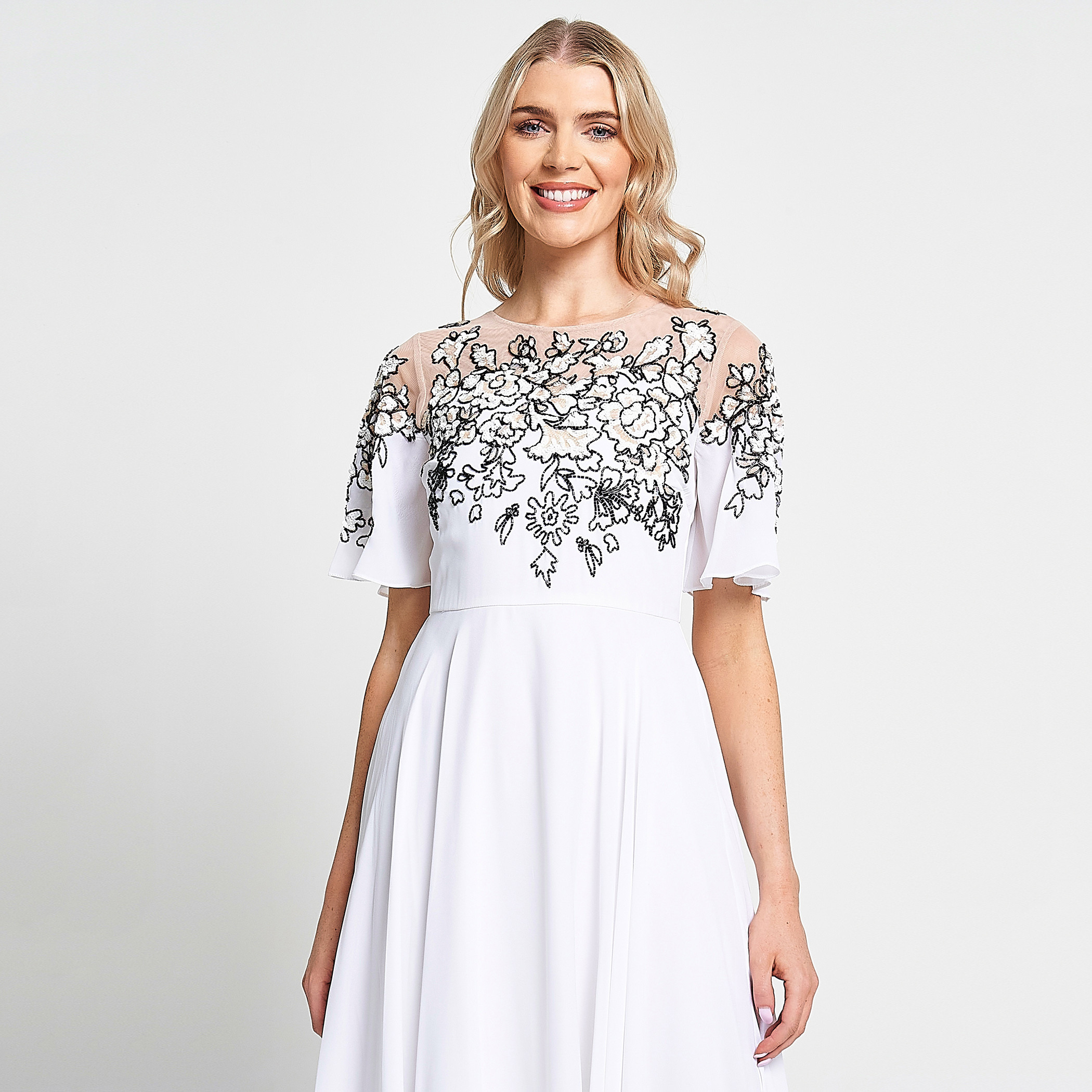 Frock and Frill White Beaded & Sequin Flared Sleeves Fit & Flare Party Midi Women's Dress-women-clothing-dresses-image-3