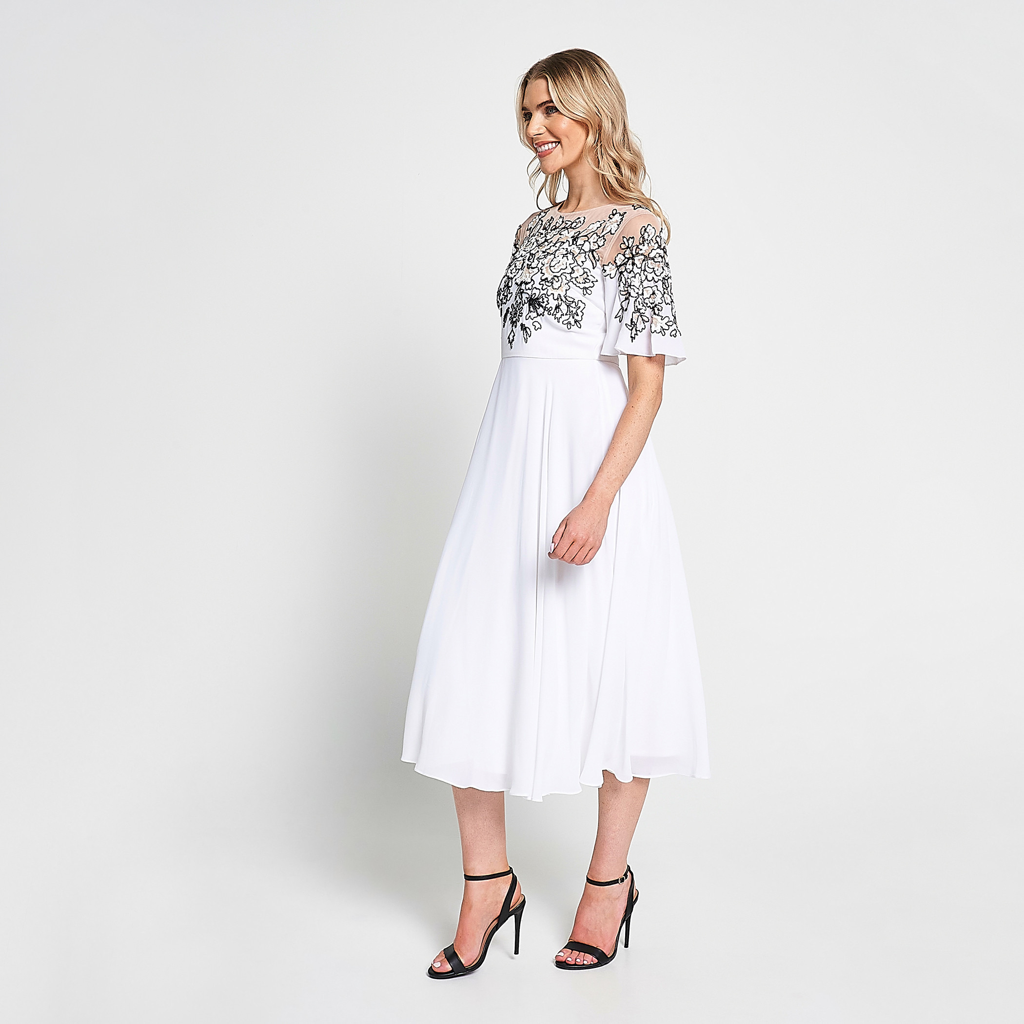 Frock and Frill White Beaded & Sequin Flared Sleeves Fit & Flare Party Midi Women's Dress-women-clothing-dresses-image-4