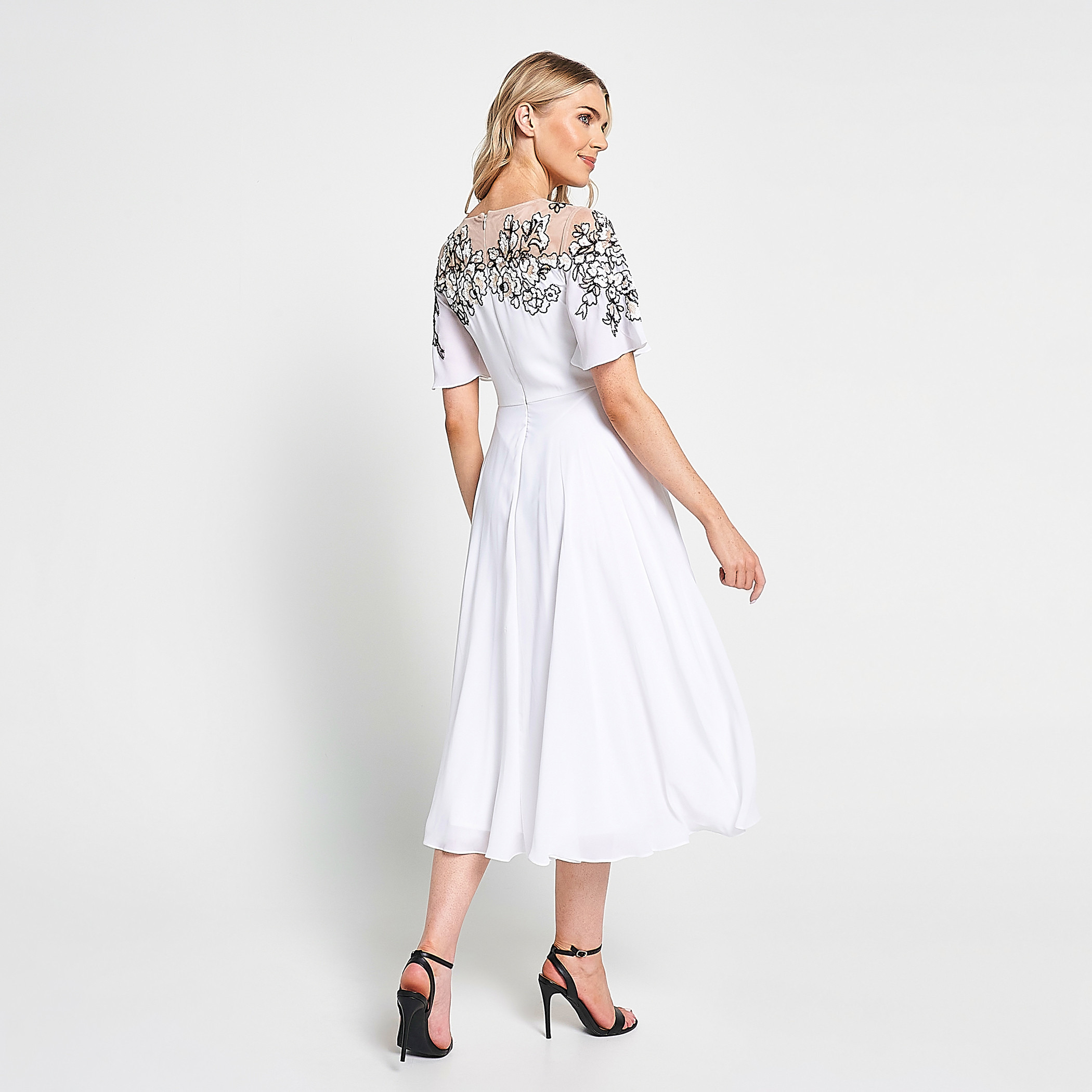 Frock and Frill White Beaded & Sequin Flared Sleeves Fit & Flare Party Midi Women's Dress-women-clothing-dresses-image-5