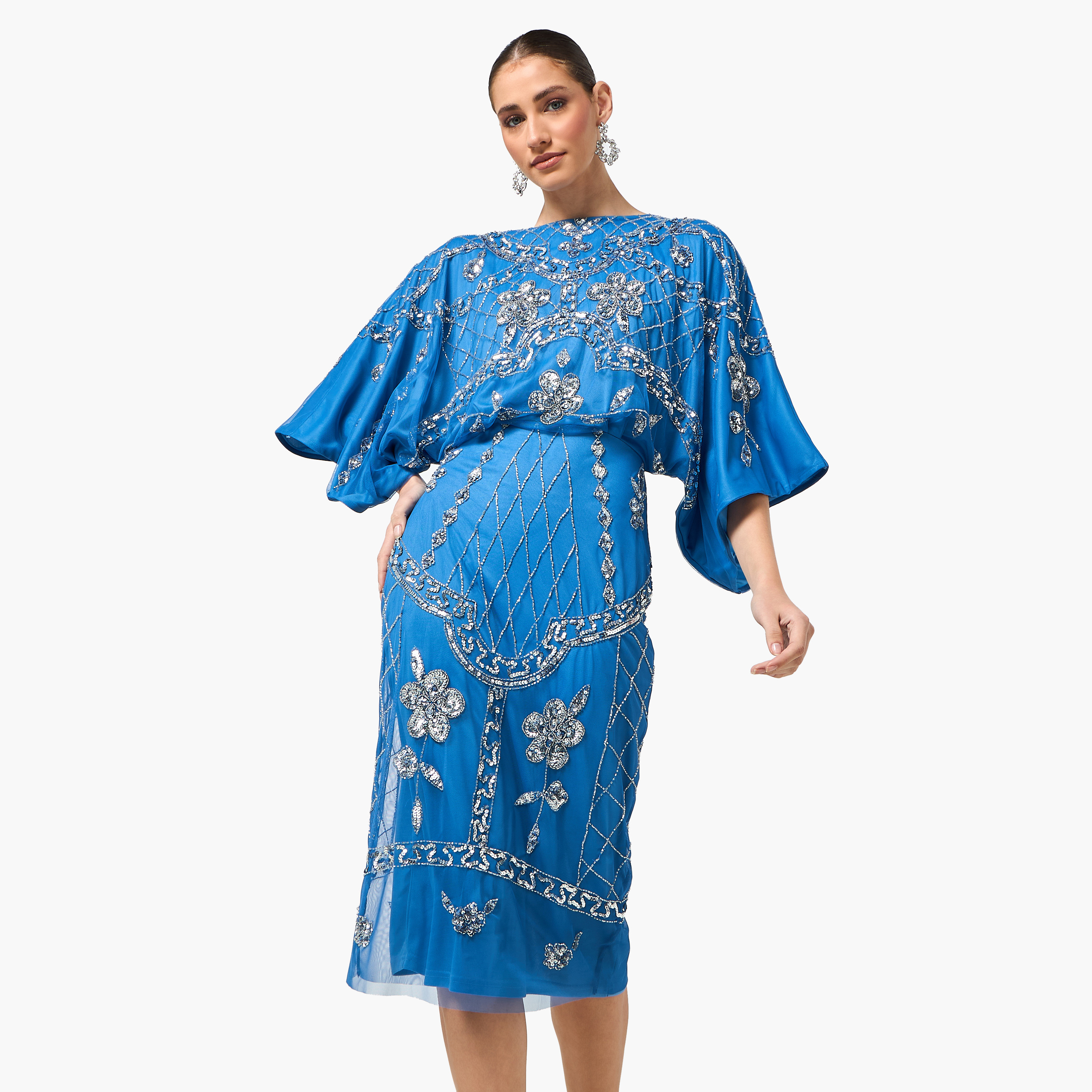 Frock and Frill Blue Beaded & Sequined Kimono Sleeves Sheath Women's Evening Knee Length Dress-women-clothing-dresses-image-1