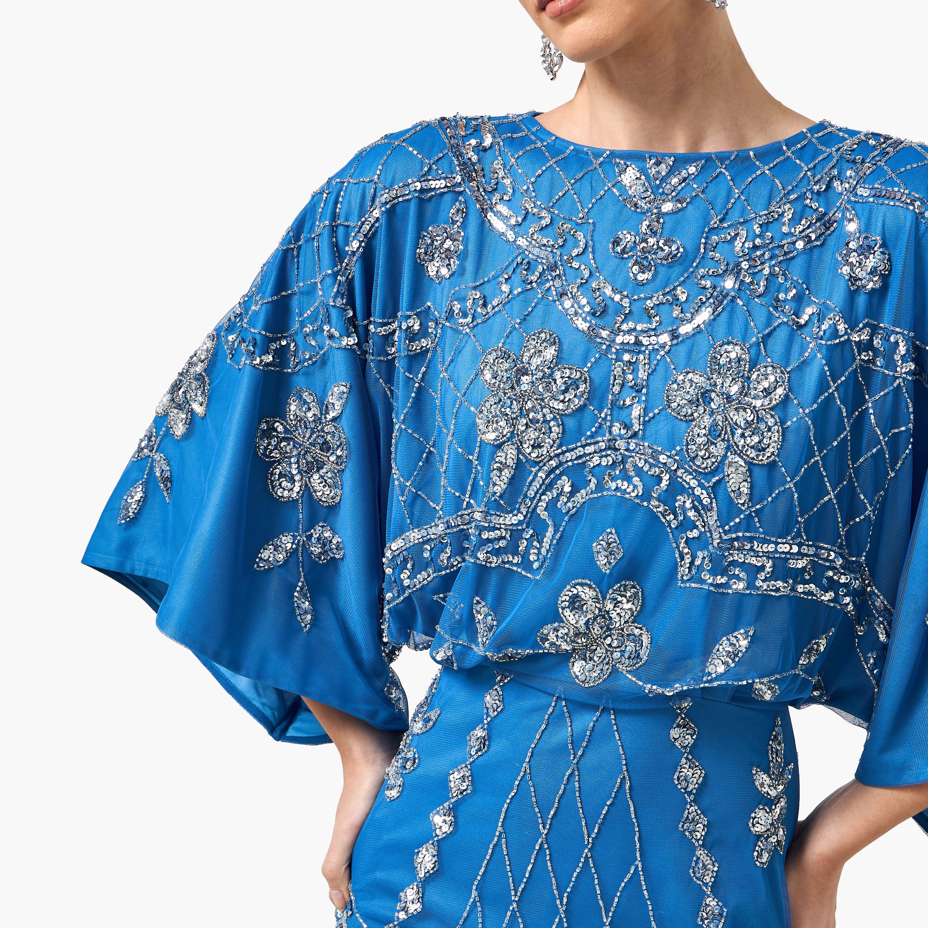 Frock and Frill Blue Beaded & Sequined Kimono Sleeves Sheath Women's Evening Knee Length Dress-women-clothing-dresses-image-2