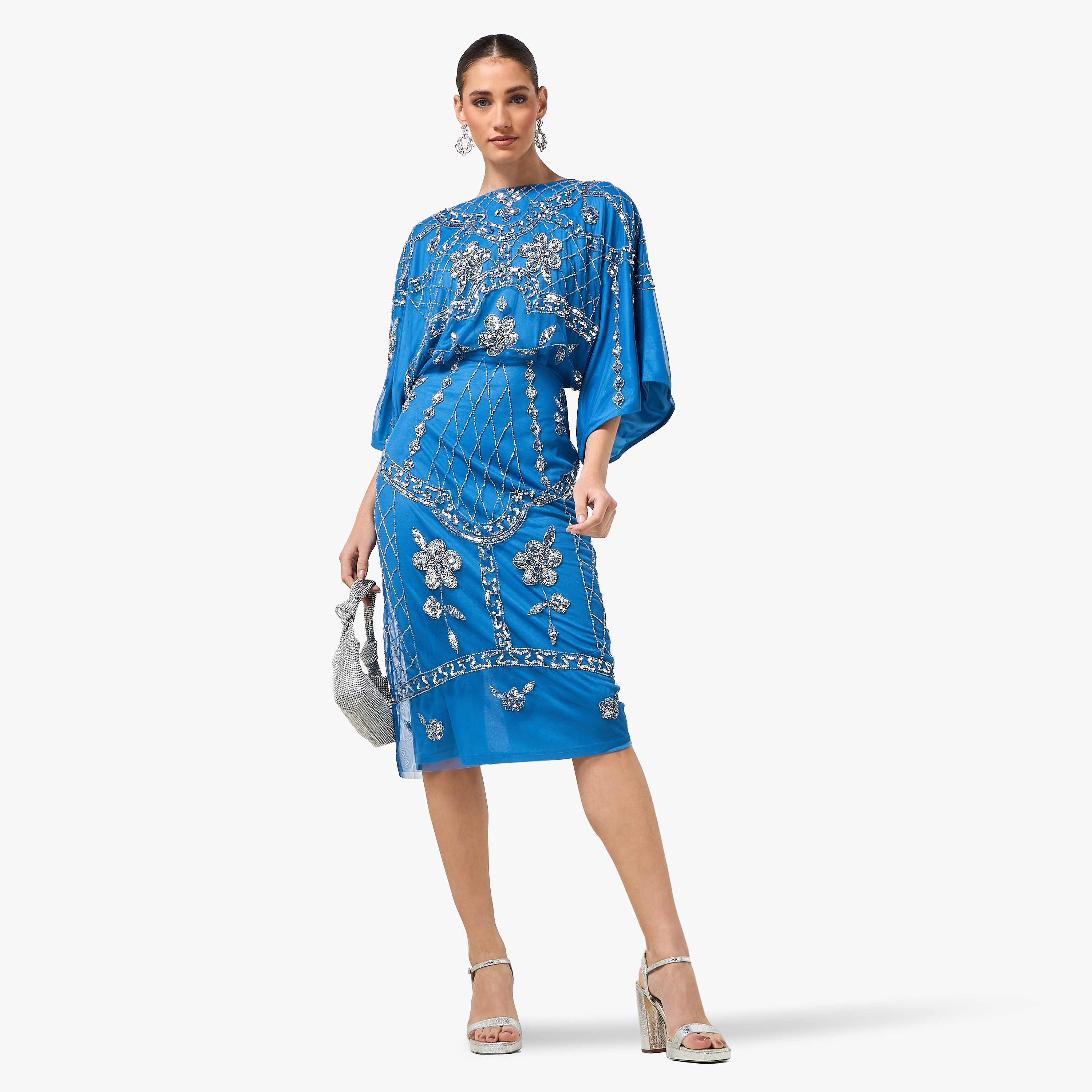 Frock and Frill Blue Beaded & Sequined Kimono Sleeves Sheath Women's Evening Knee Length Dress-women-clothing-dresses-image-3