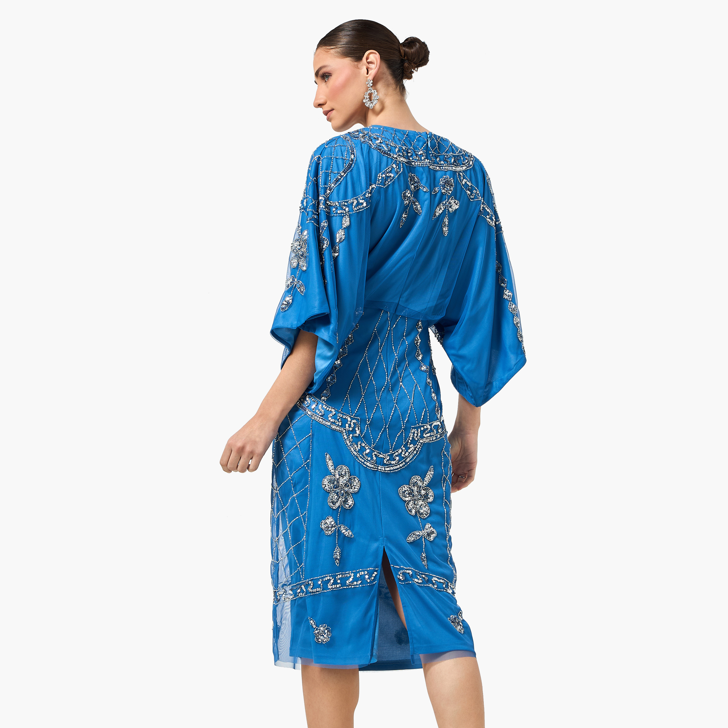 Frock and Frill Blue Beaded & Sequined Kimono Sleeves Sheath Women's Evening Knee Length Dress-women-clothing-dresses-image-4