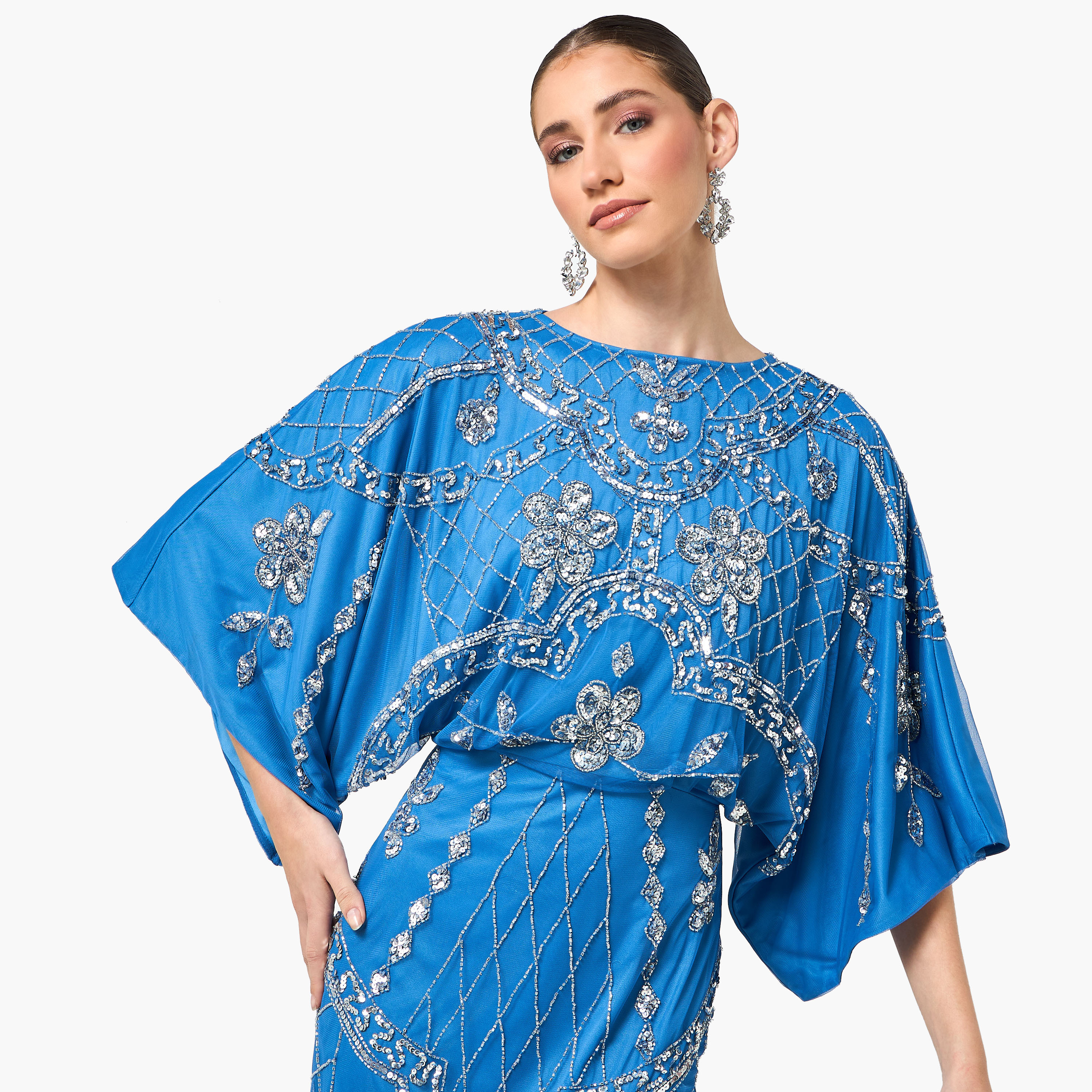 Frock and Frill Blue Beaded & Sequined Kimono Sleeves Sheath Women's Evening Knee Length Dress-women-clothing-dresses-image-5