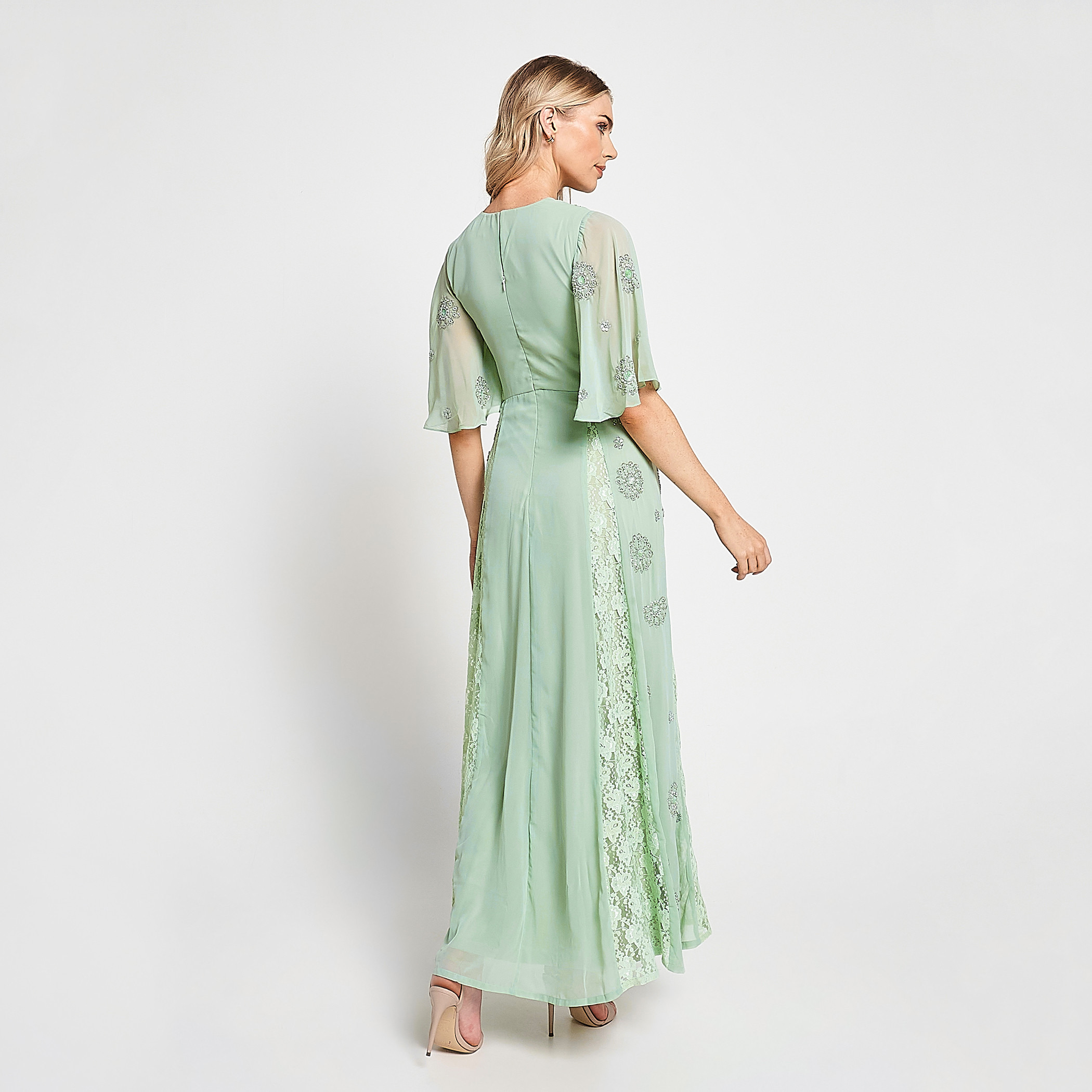 Frock and Frill Green Beaded & Sequin Flared Sleeves Fit & Flare Party Maxi Women's Dress-women-clothing-dresses-image-3