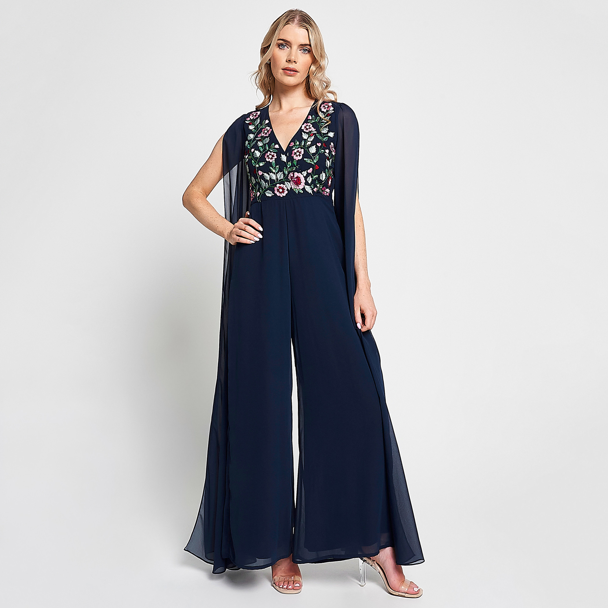 جمبسوت نسائي من فروك آند فريل باللون الأزرق ذو مطرز بياقة عميقة وأكمام طويلة-women-clothing-jumpsuits-image-1