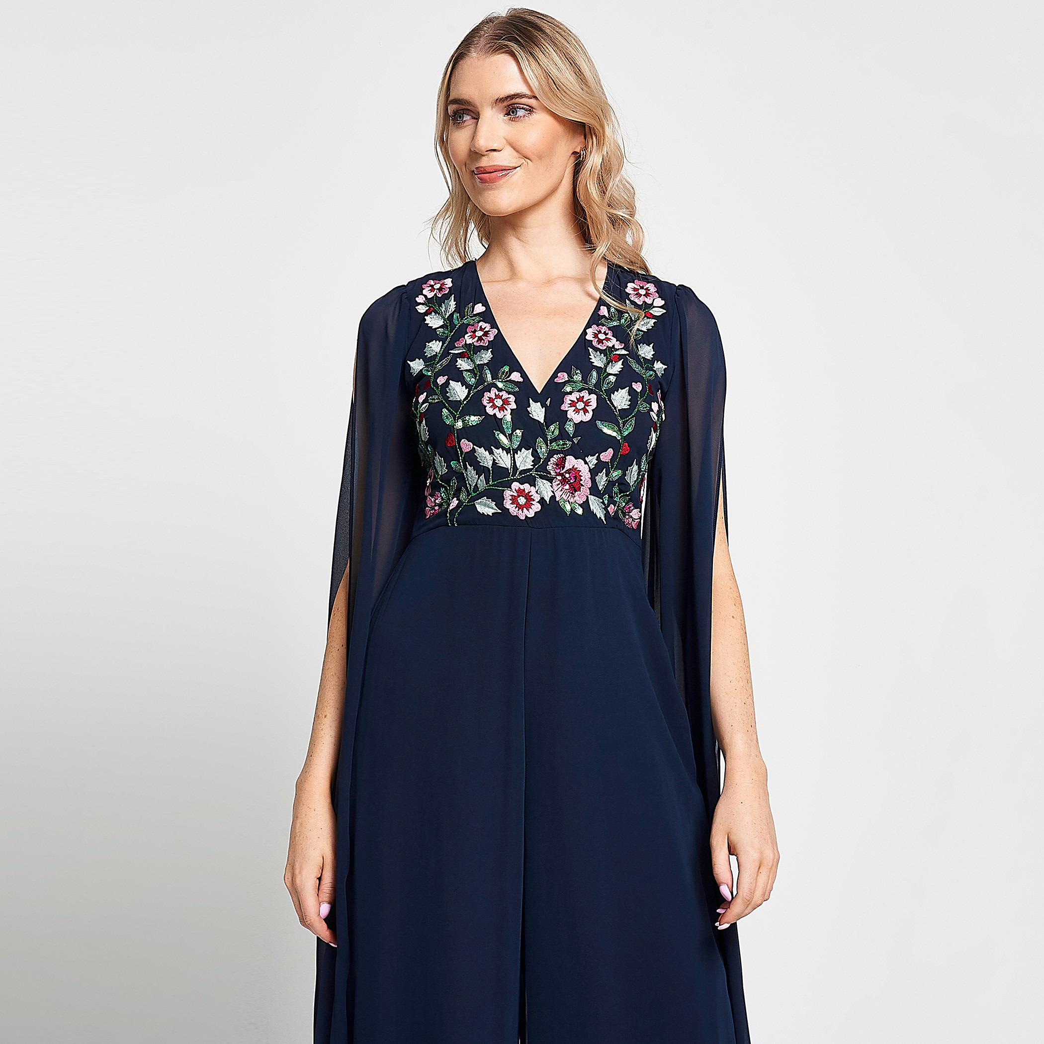 Frock and Frill Blue Embroidered Plunge Neck Cape Sleeves Women's Jumpsuit-women-clothing-jumpsuits-image-2