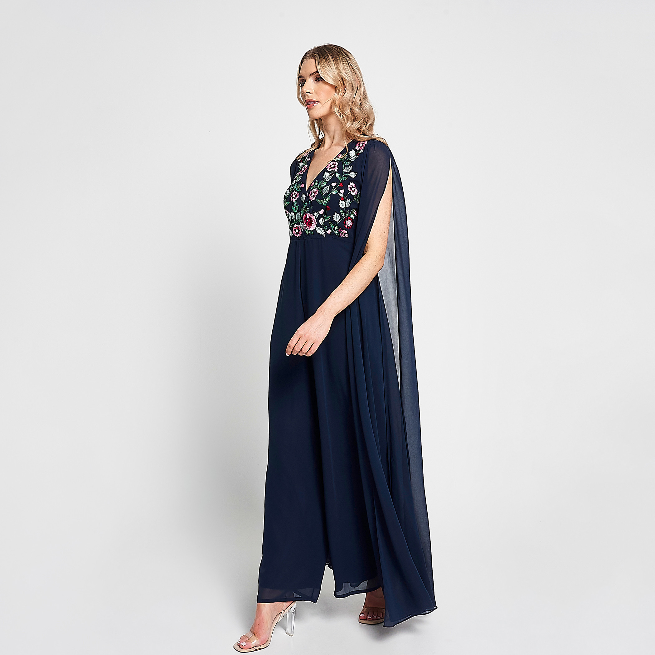 Frock and Frill Blue Embroidered Plunge Neck Cape Sleeves Women's Jumpsuit-women-clothing-jumpsuits-image-4
