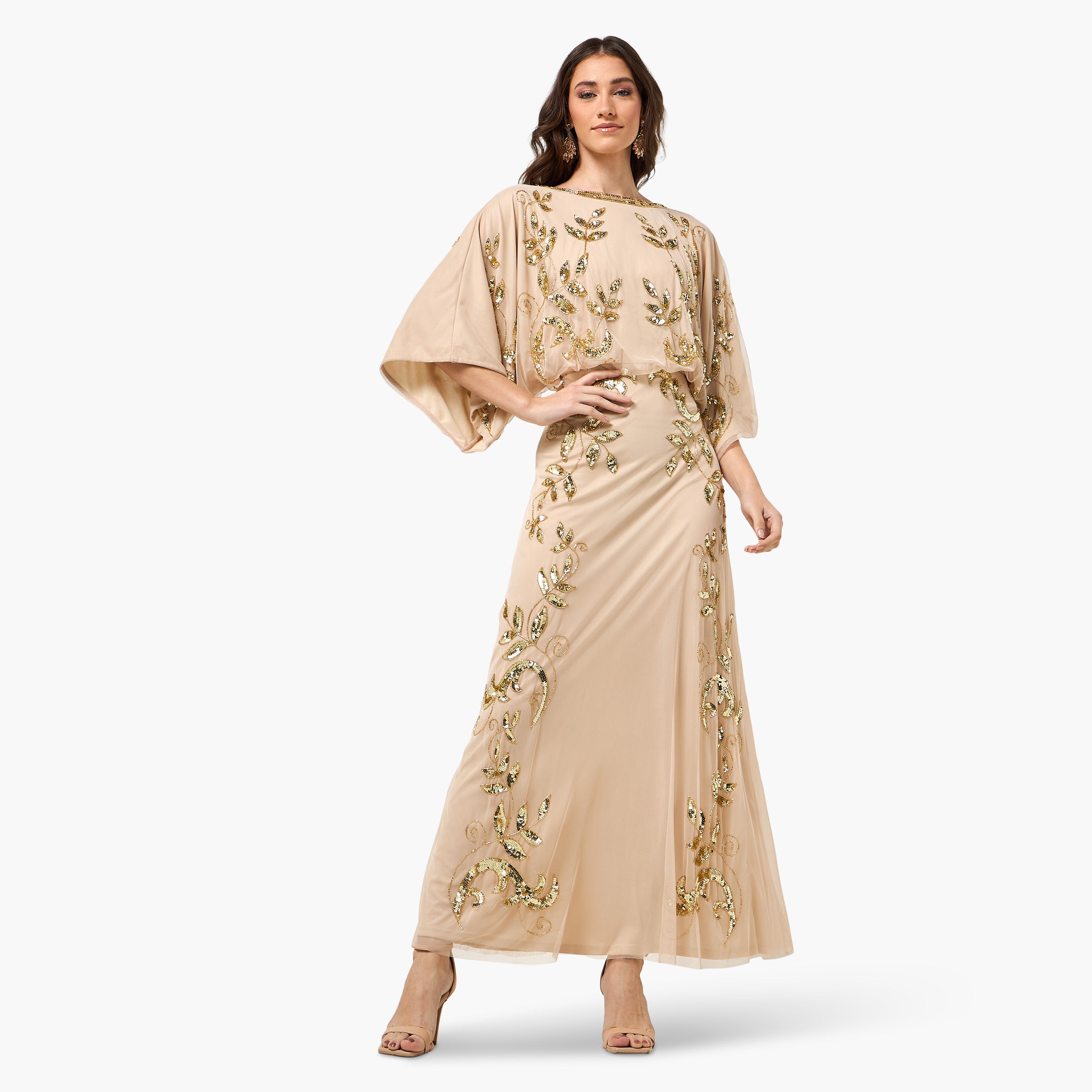 Frock and Frill Nude Sequined Round Neck Kimono Sleeves Women's Evening Maxi Dress-women-clothing-dresses-image-1