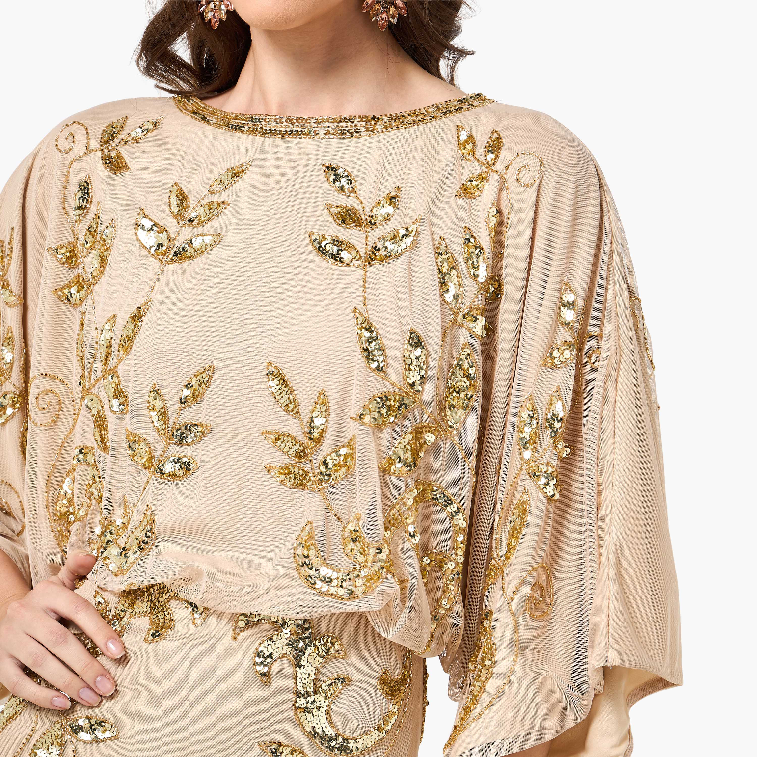 Frock and Frill Nude Sequined Round Neck Kimono Sleeves Women's Evening Maxi Dress-women-clothing-dresses-image-2