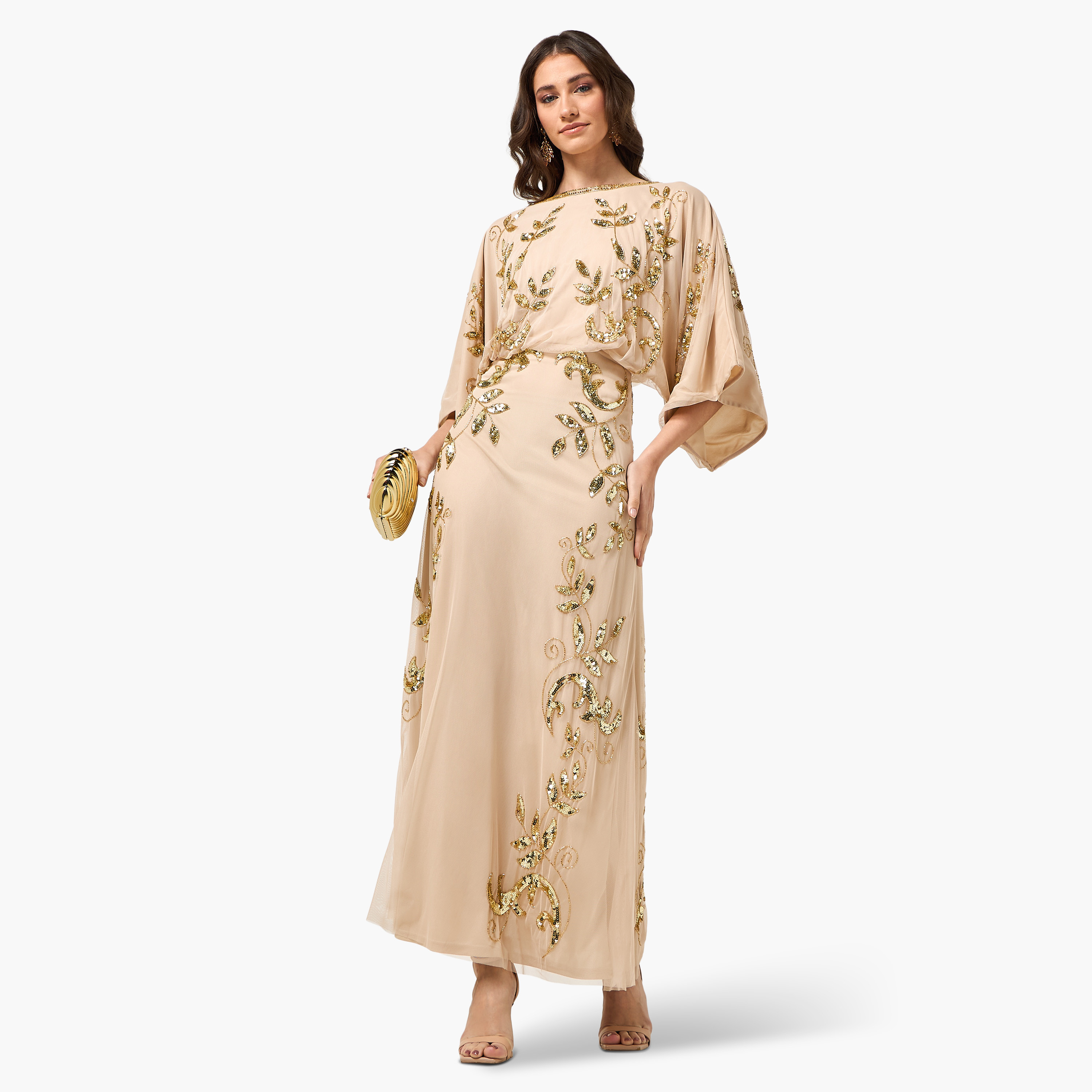 Frock and Frill Nude Sequined Round Neck Kimono Sleeves Women's Evening Maxi Dress-women-clothing-dresses-image-3