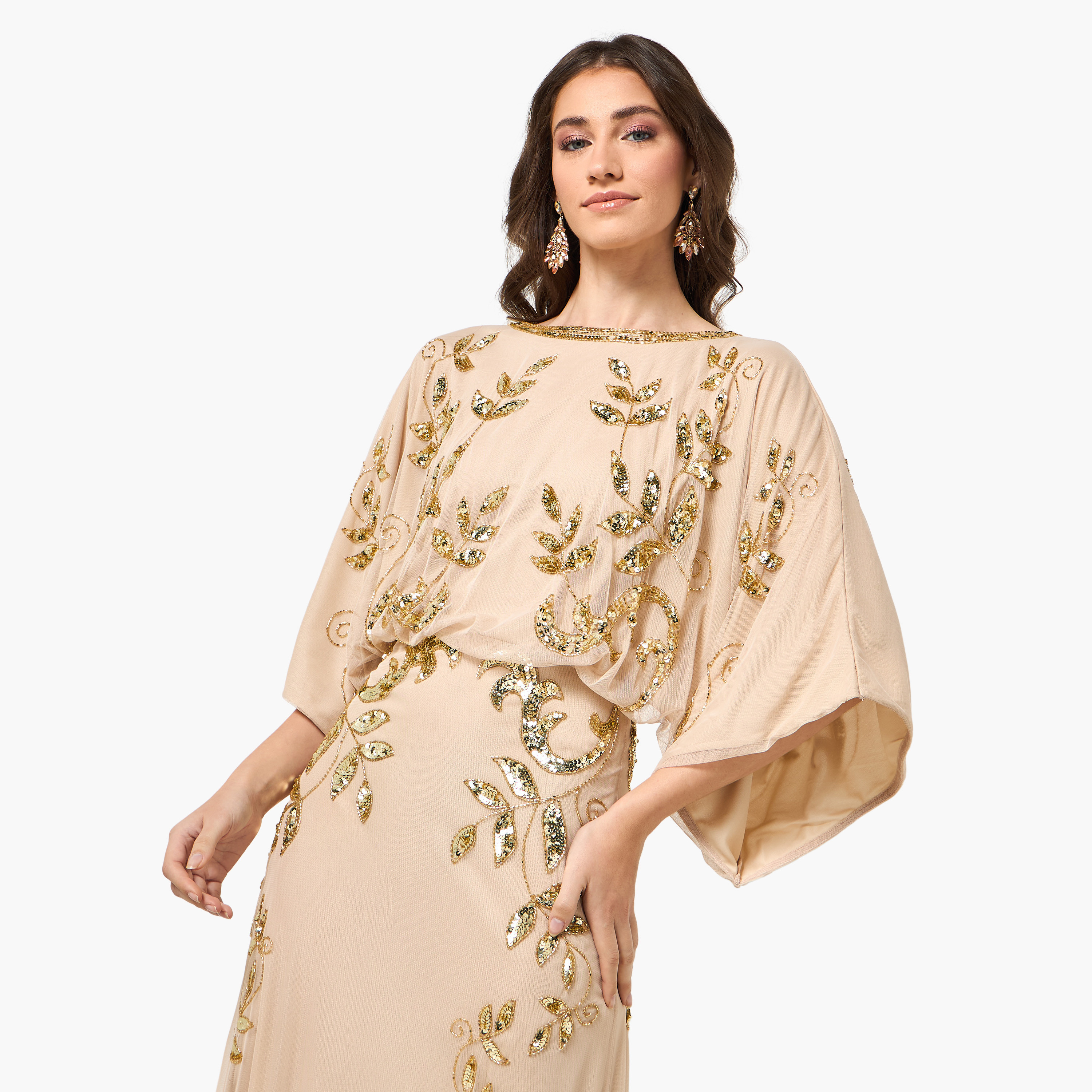 Frock and Frill Nude Sequined Round Neck Kimono Sleeves Women's Evening Maxi Dress-women-clothing-dresses-image-5