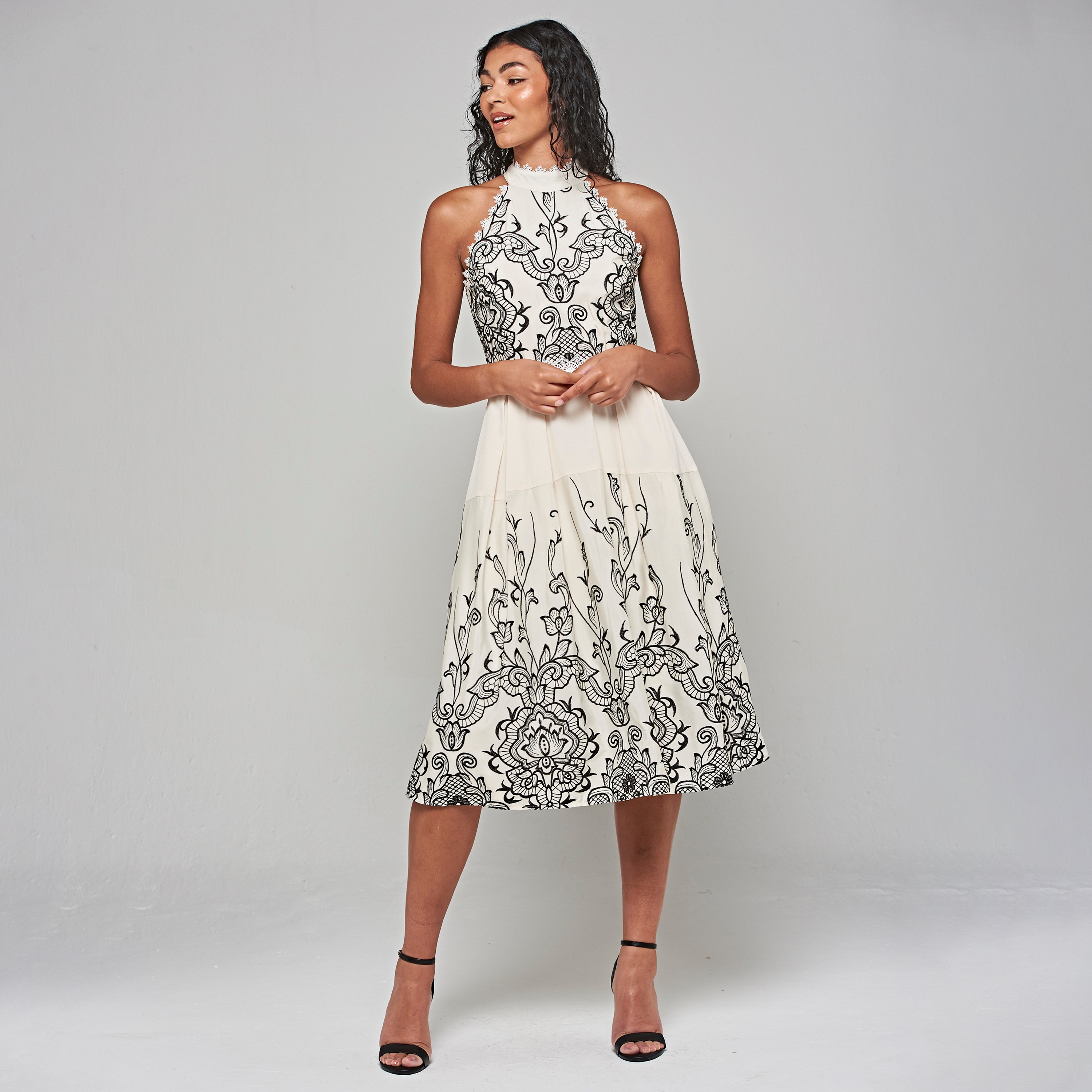 Buy Women s Frock and Frill White Embroidered Halter Neck Fit Flare Party Midi Women s Dress Online Centrepoint KSA