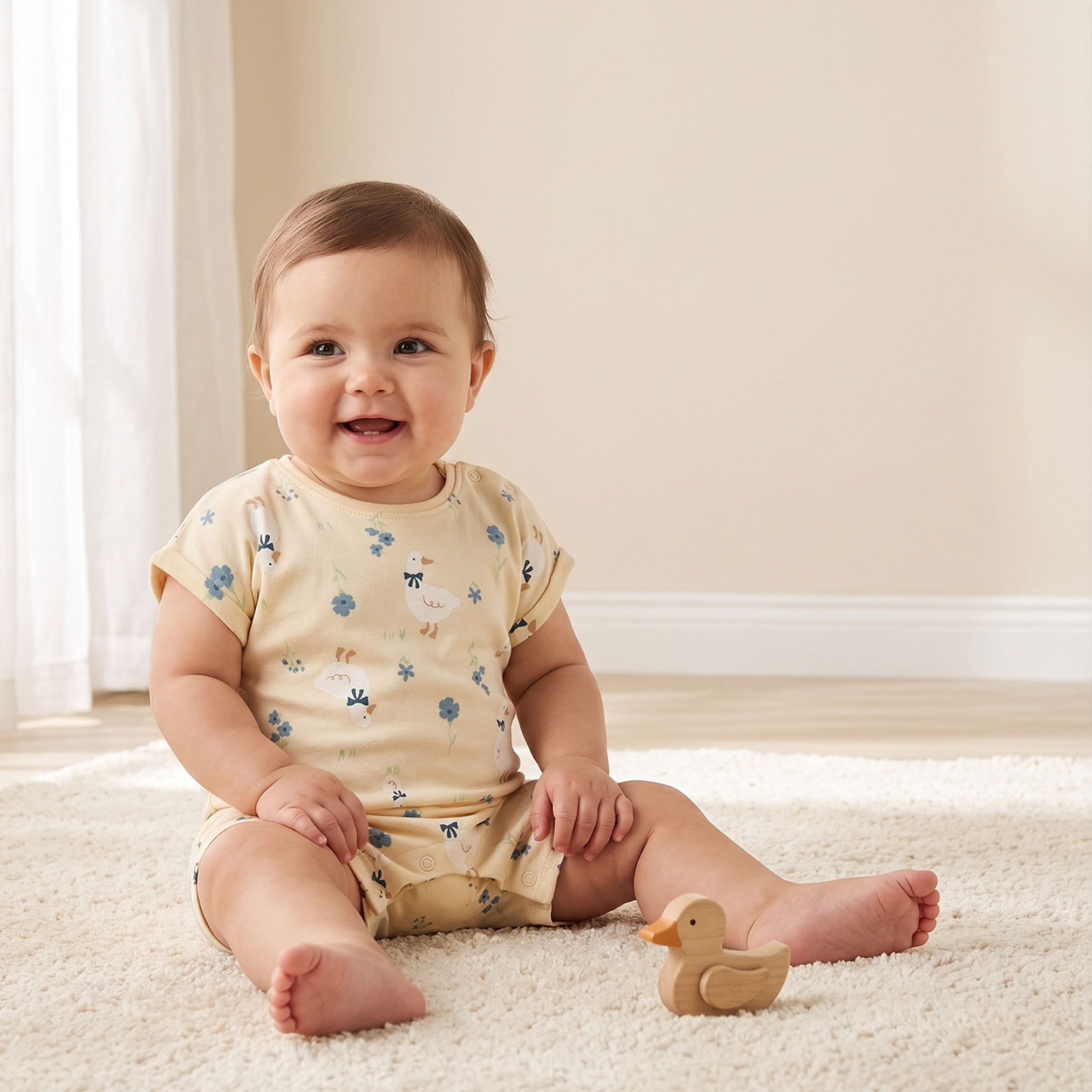 Juniors Round Neck Short Sleeves Romper with Duck Print-baby-girls-clothing-rompers-image-1