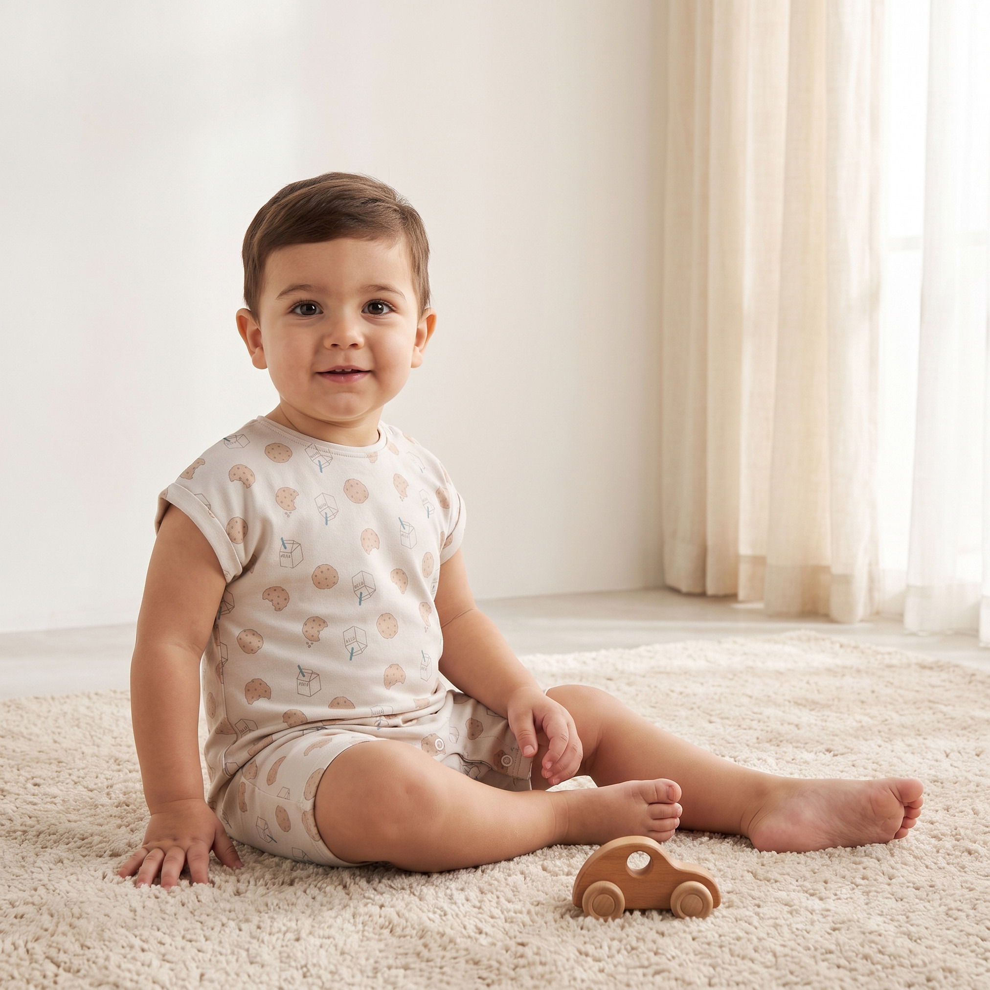Juniors Round Neck Short Sleeves Romper with Milk and Cookie Print-baby-boys-clothing-rompers-image-1