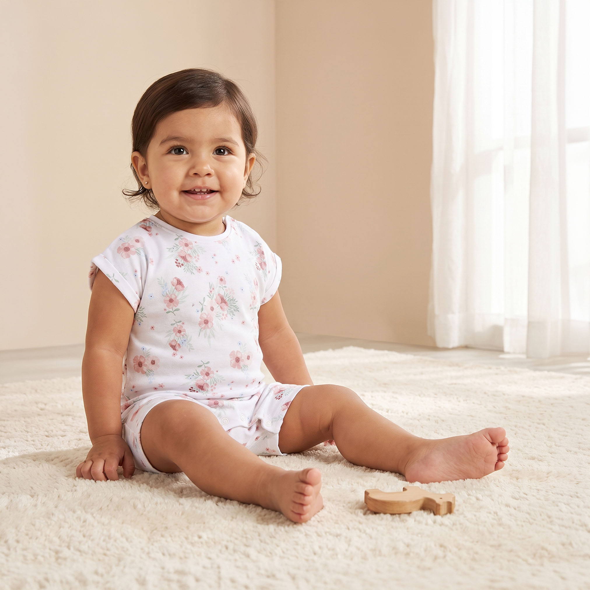 Juniors Round Neck Short Sleeves Romper with Floral Print-baby-girls-clothing-rompers-image-1