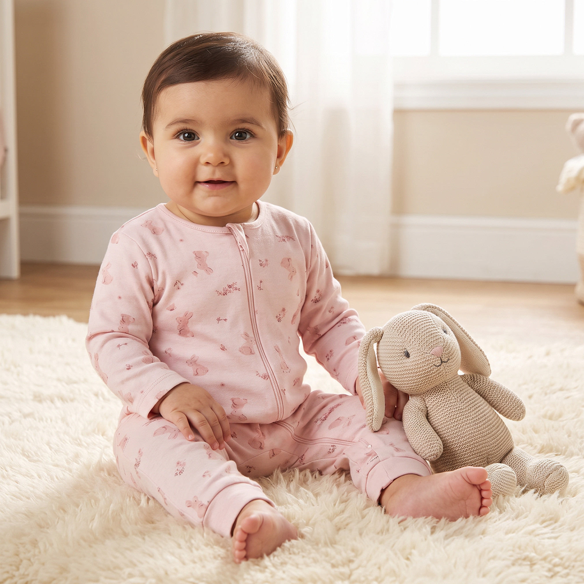 Juniors Cotton Crew Neck Long Sleeves Sleepsuit with Bunny Print-baby-girls-clothing-nightwear-sleepsuits-image-1