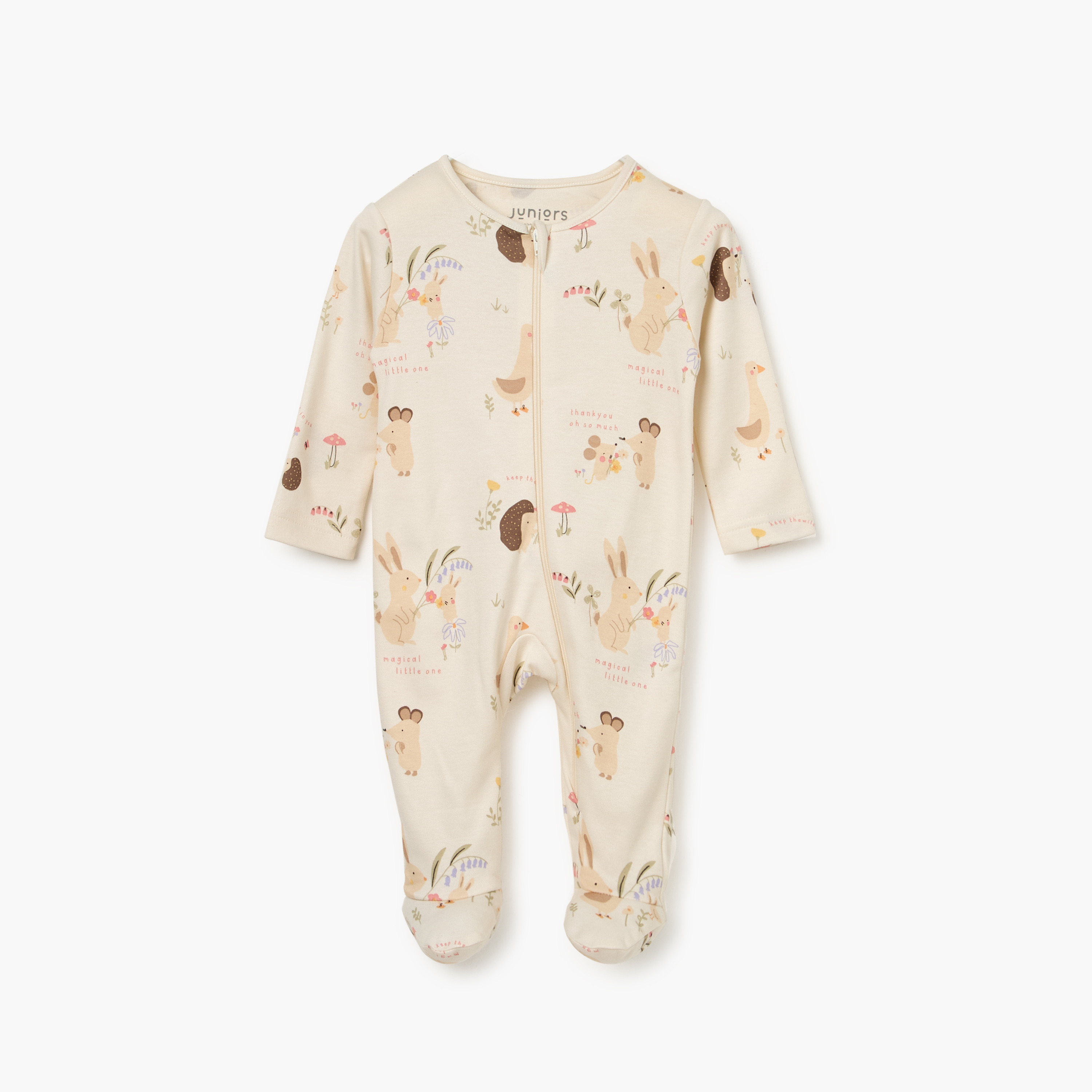 Juniors Printed Sleepsuit with Long Sleeves and Zip Closure-baby-girls-clothing-nightwear-sleepsuits-image-1