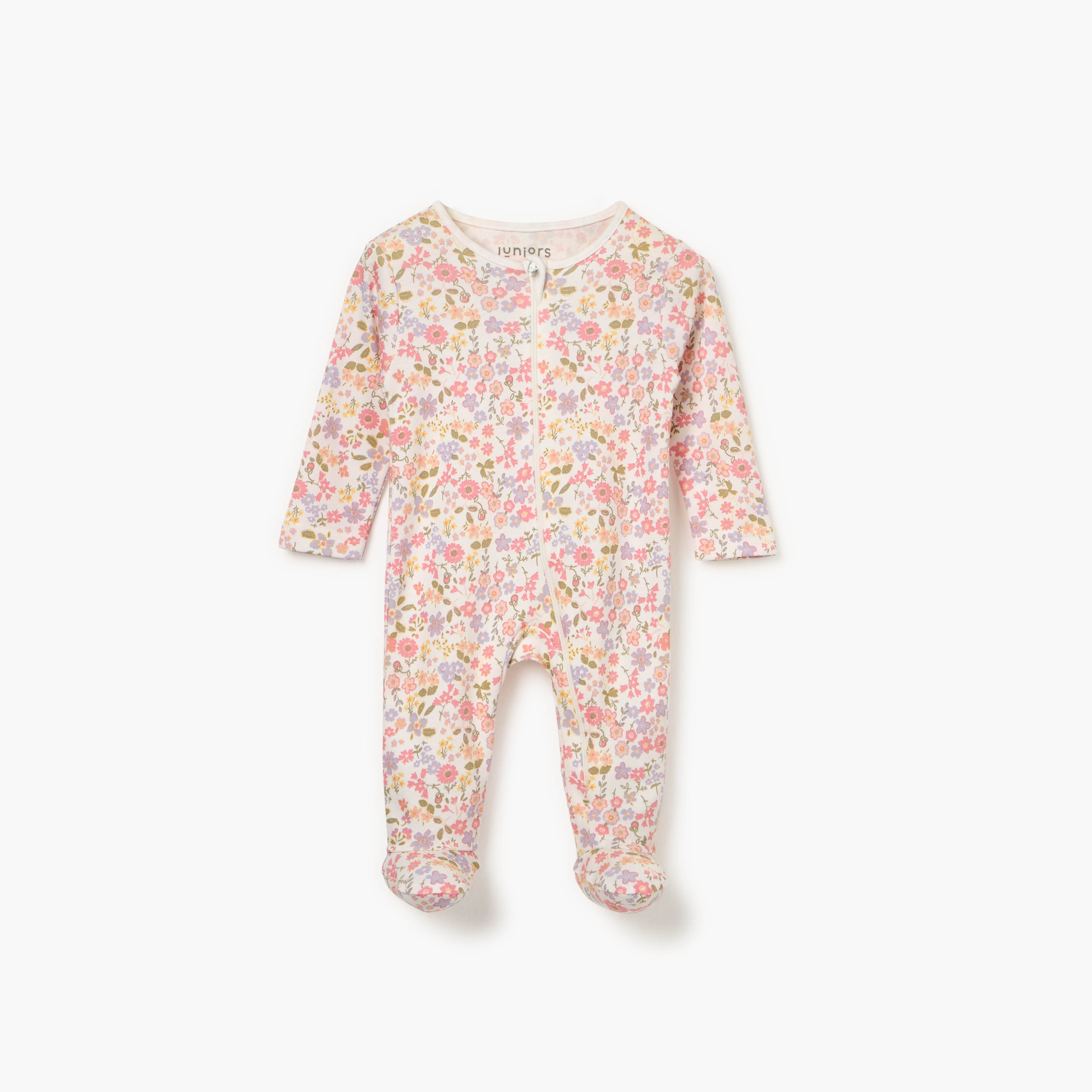 Juniors Floral Print Sleepsuit with Long Sleeves and Zip Closure-baby-girls-clothing-nightwear-sleepsuits-image-1