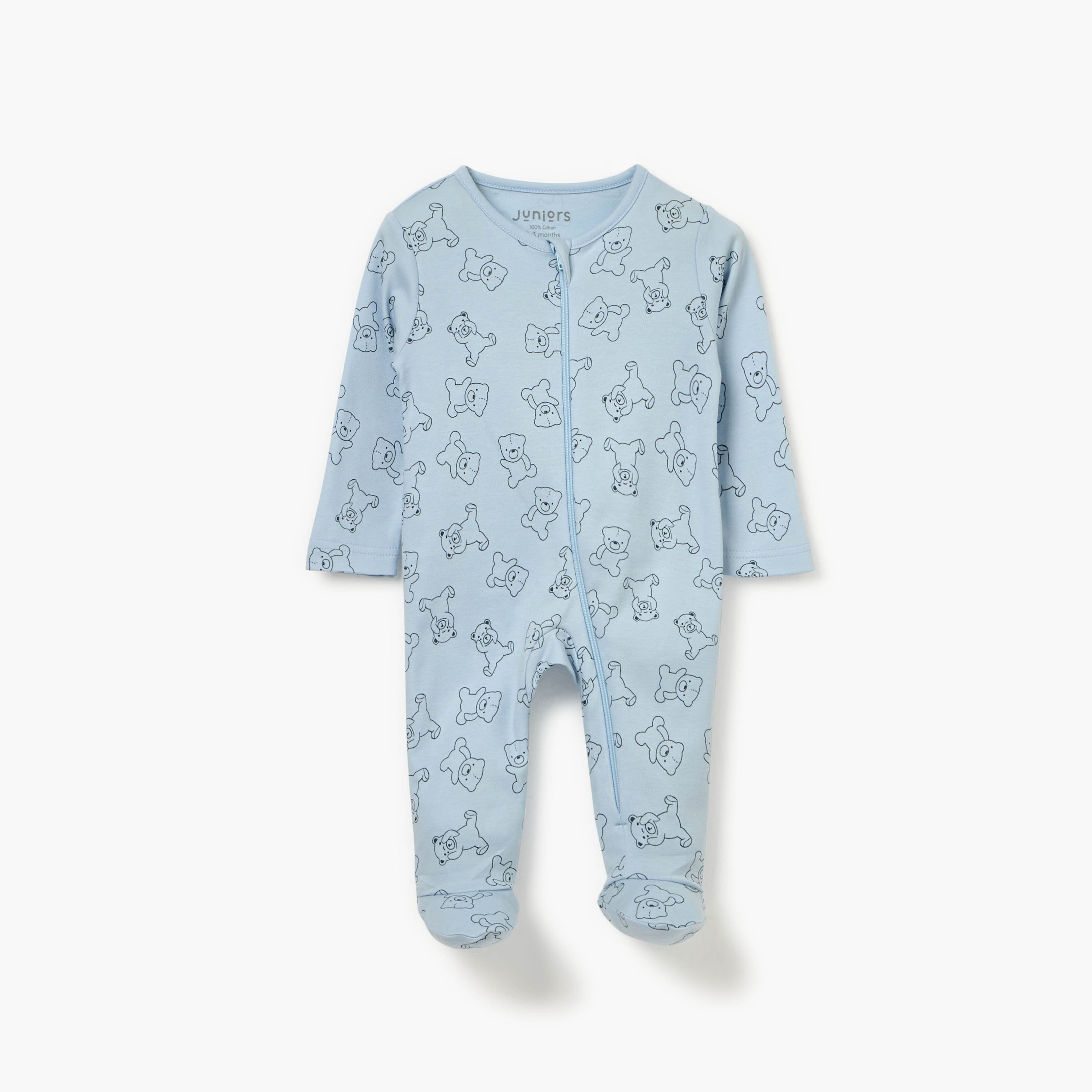 Juniors Teddy Bear Print Sleepsuit with Long Sleeves and Zip Closure-baby-boys-clothing-nightwear-sleepsuits-image-1