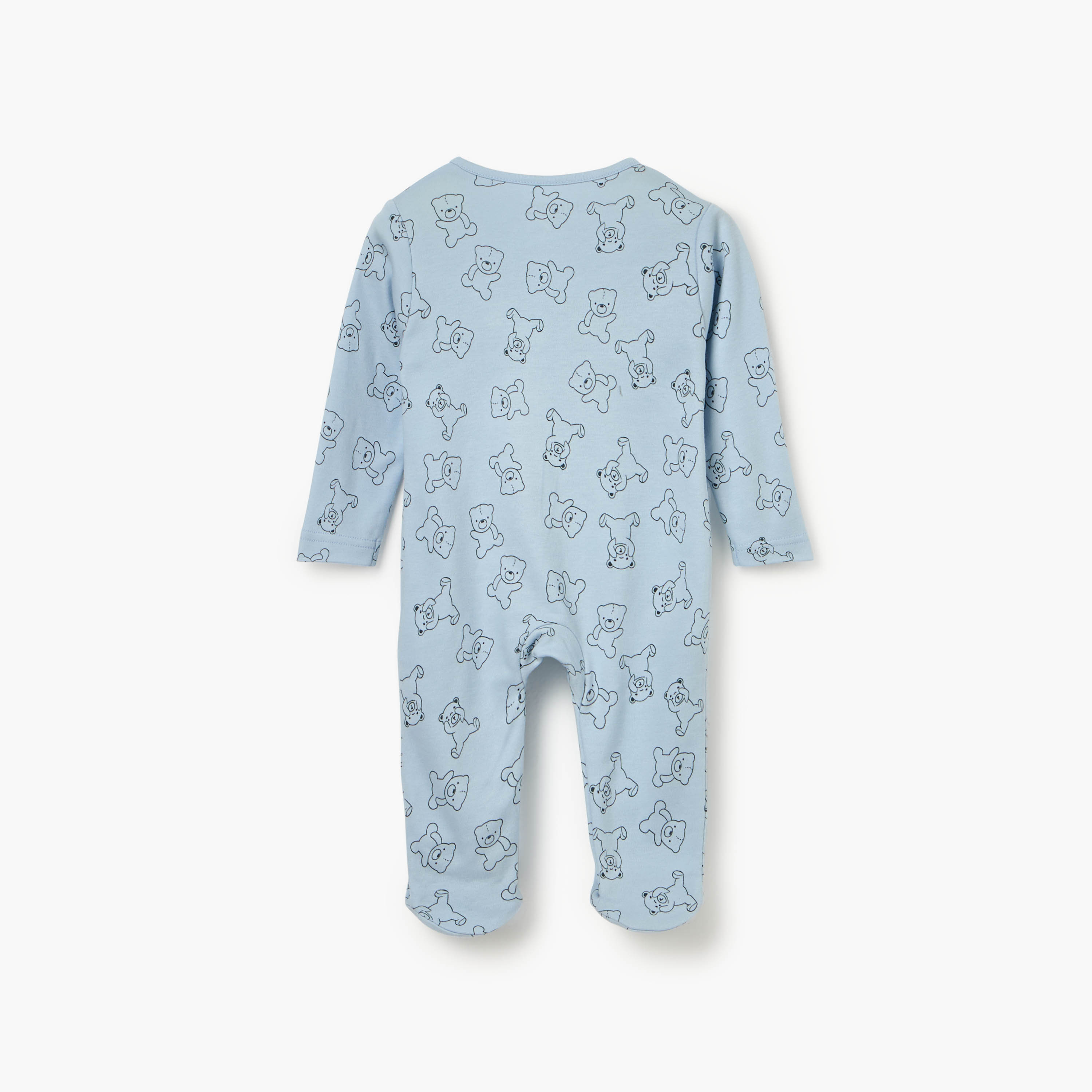 Juniors Teddy Bear Print Sleepsuit with Long Sleeves and Zip Closure-baby-boys-clothing-nightwear-sleepsuits-image-2