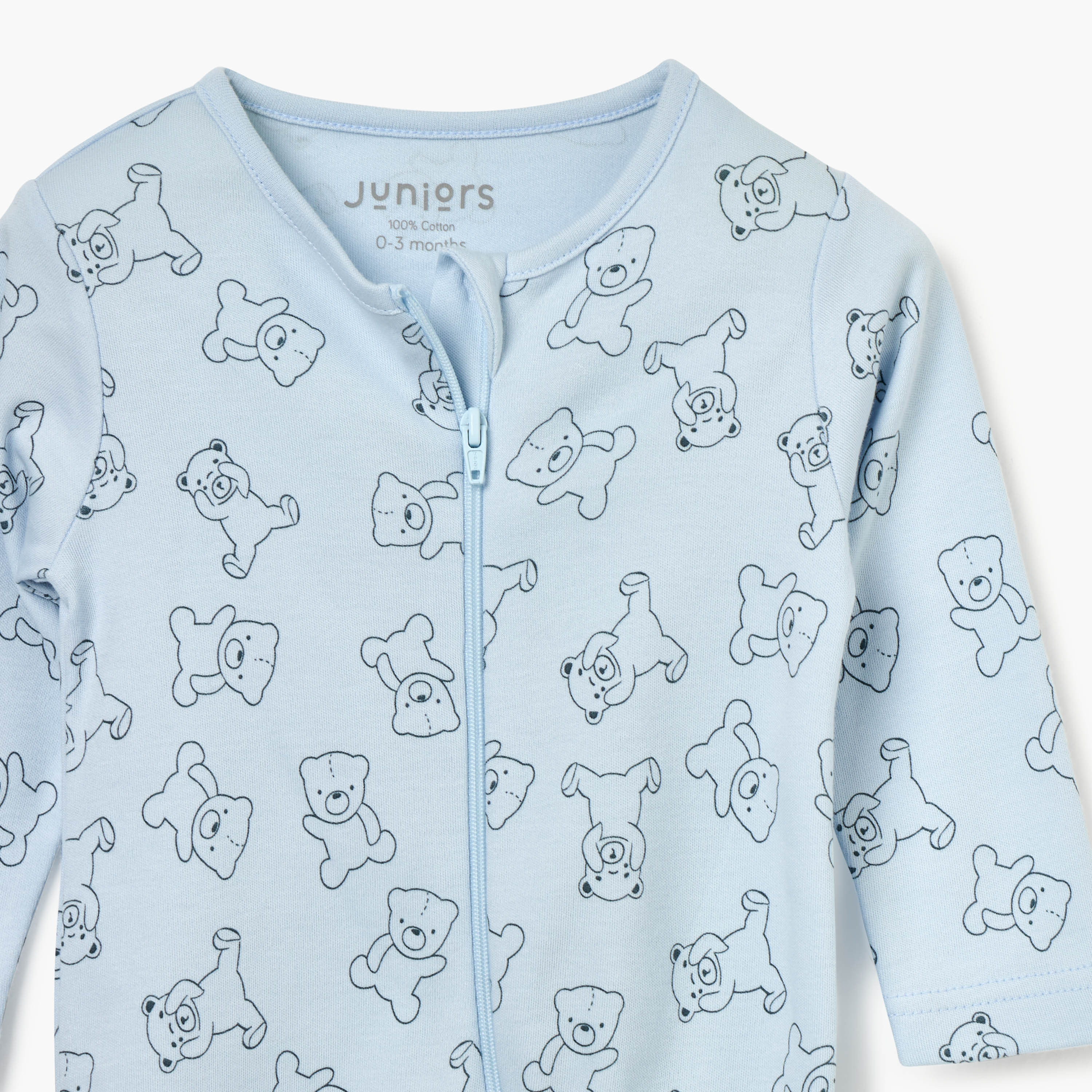 Juniors Teddy Bear Print Sleepsuit with Long Sleeves and Zip Closure-baby-boys-clothing-nightwear-sleepsuits-image-3