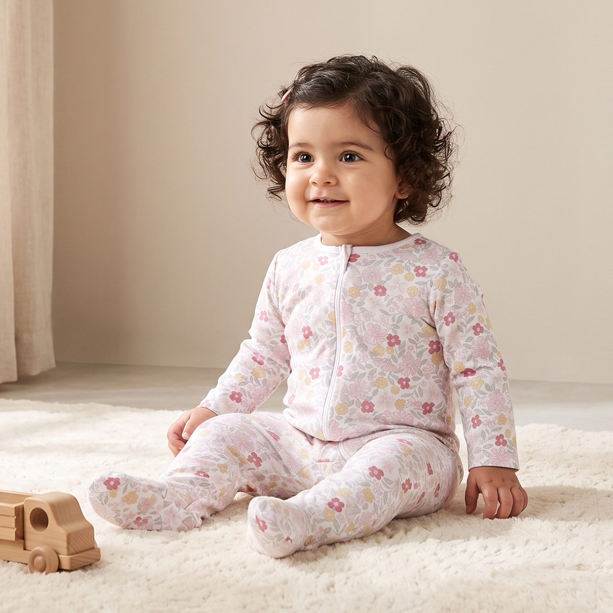 سليب سوت قطني بياقة مستديرة وأكمام طويلة بطبعة زهور من جونيورز-baby-girls-clothing-nightwear-sleepsuits-image-1