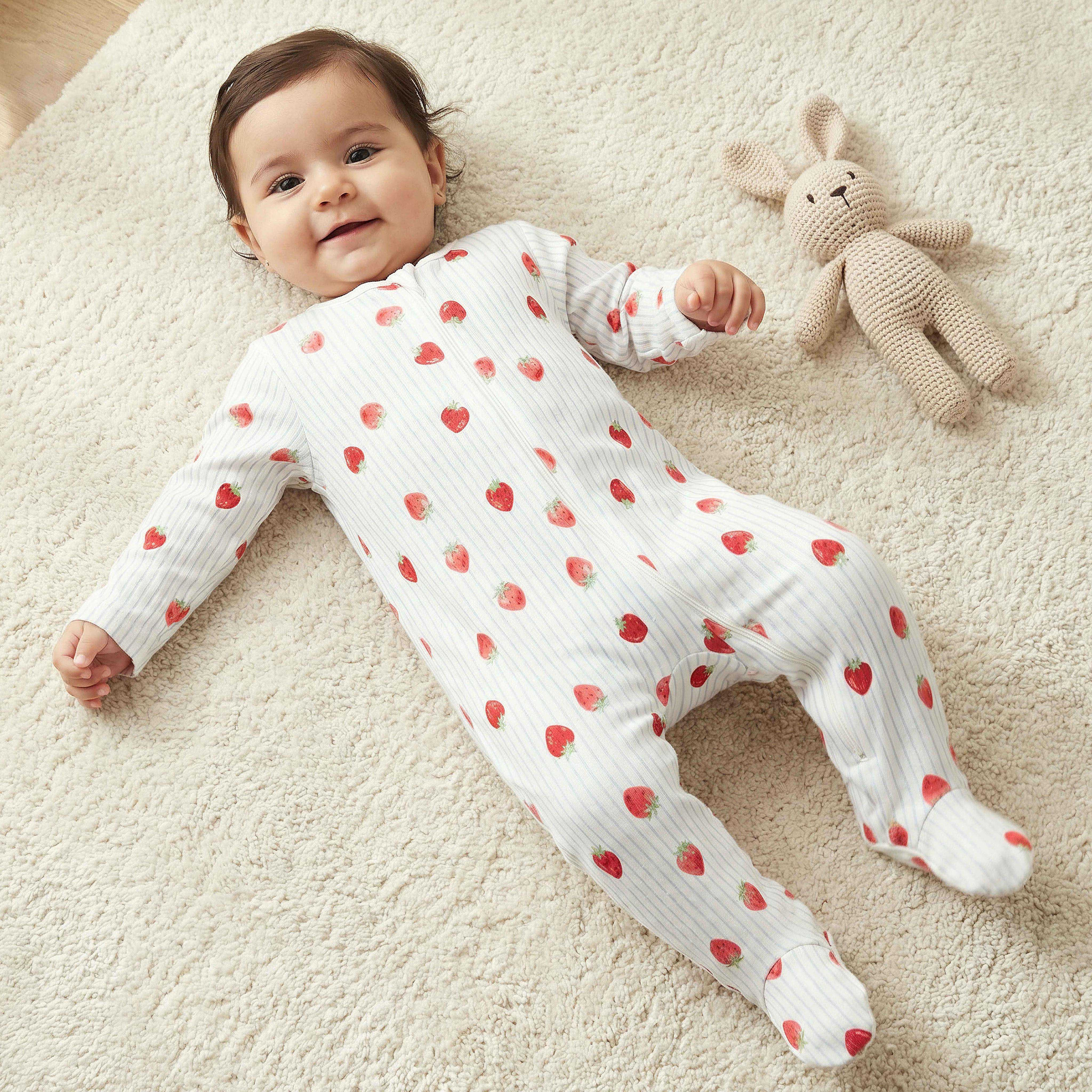 Juniors Cotton Round Neck Long Sleeves Sleepsuit with Strawberry Print-baby-girls-clothing-nightwear-sleepsuits-image-2