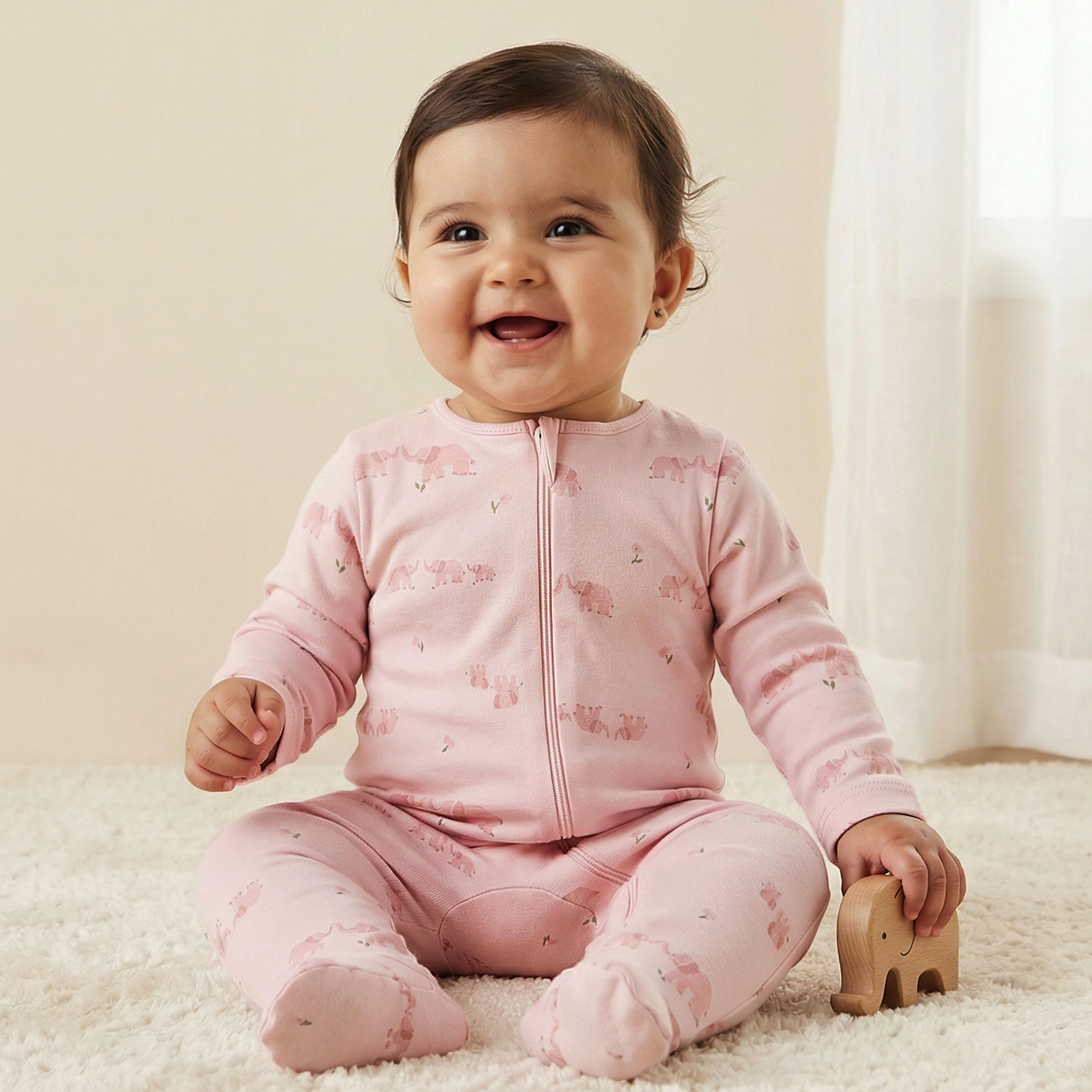 Juniors Cotton Long Sleeves Sleepsuit with Elephant Print-baby-girls-clothing-nightwear-sleepsuits-image-2