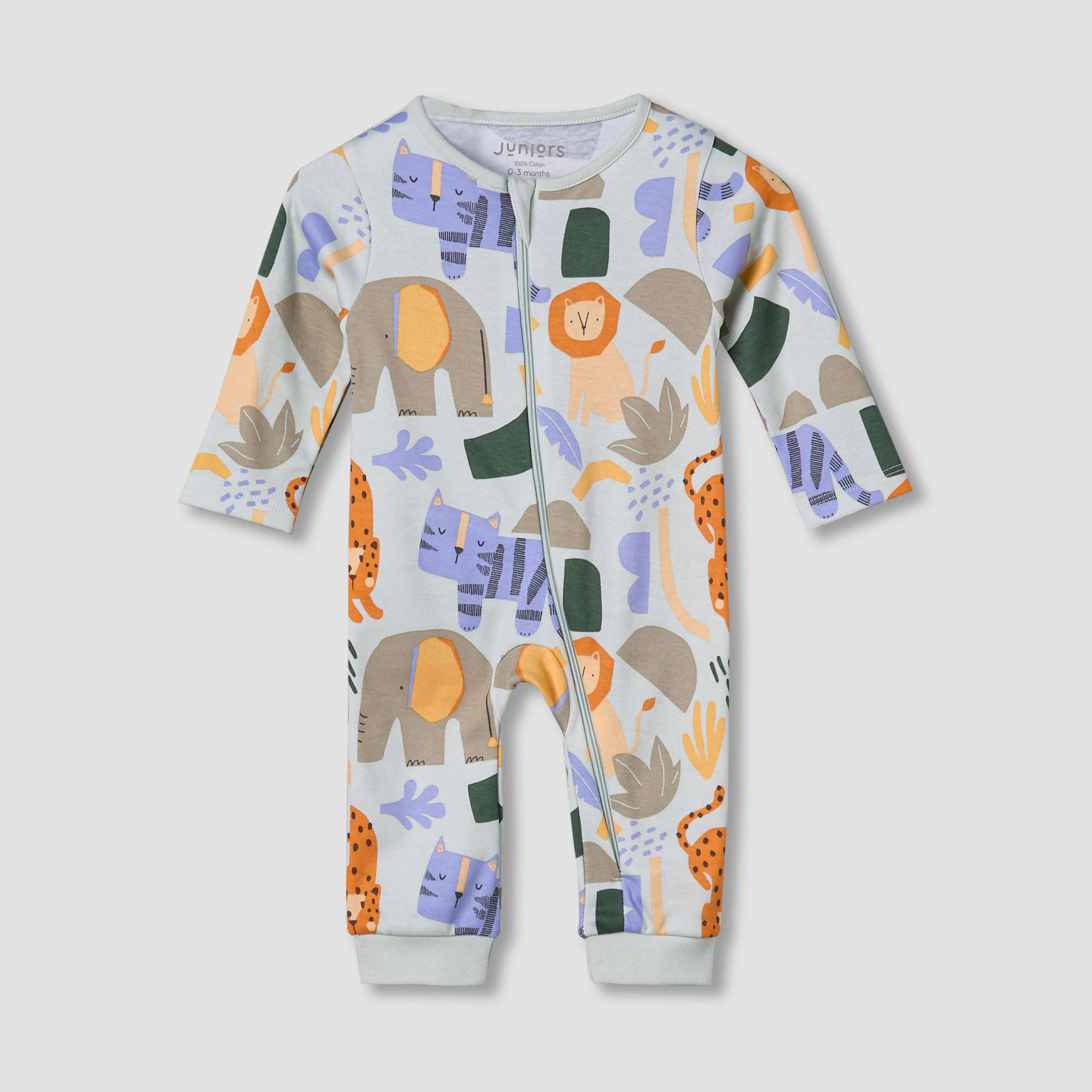 Juniors Cotton Round Neck Long Sleeves Sleepsuit with Safari Print-baby-boys-clothing-nightwear-sleepsuits-image-2