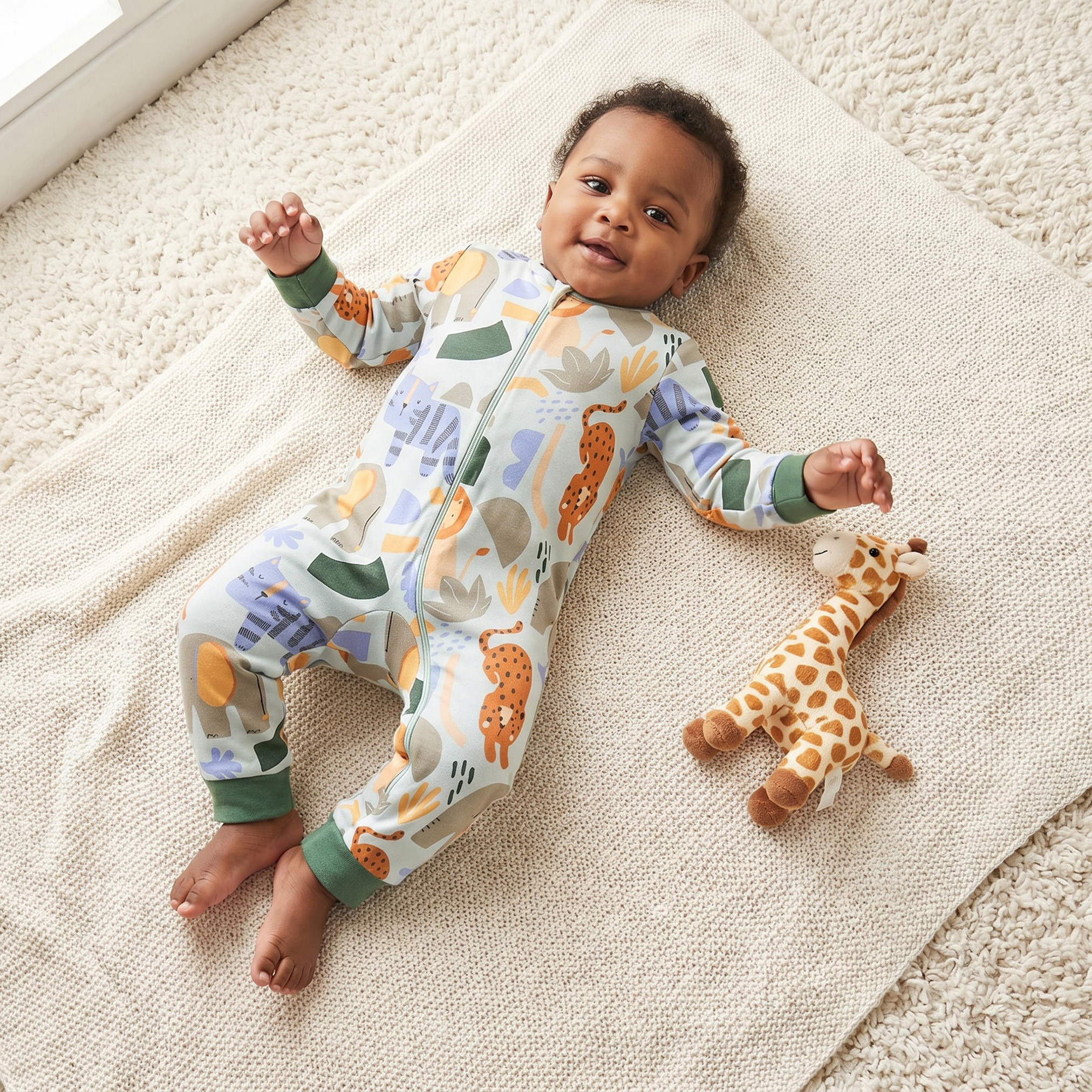 Juniors Cotton Round Neck Long Sleeves Sleepsuit with Safari Print-baby-boys-clothing-nightwear-sleepsuits-image-1