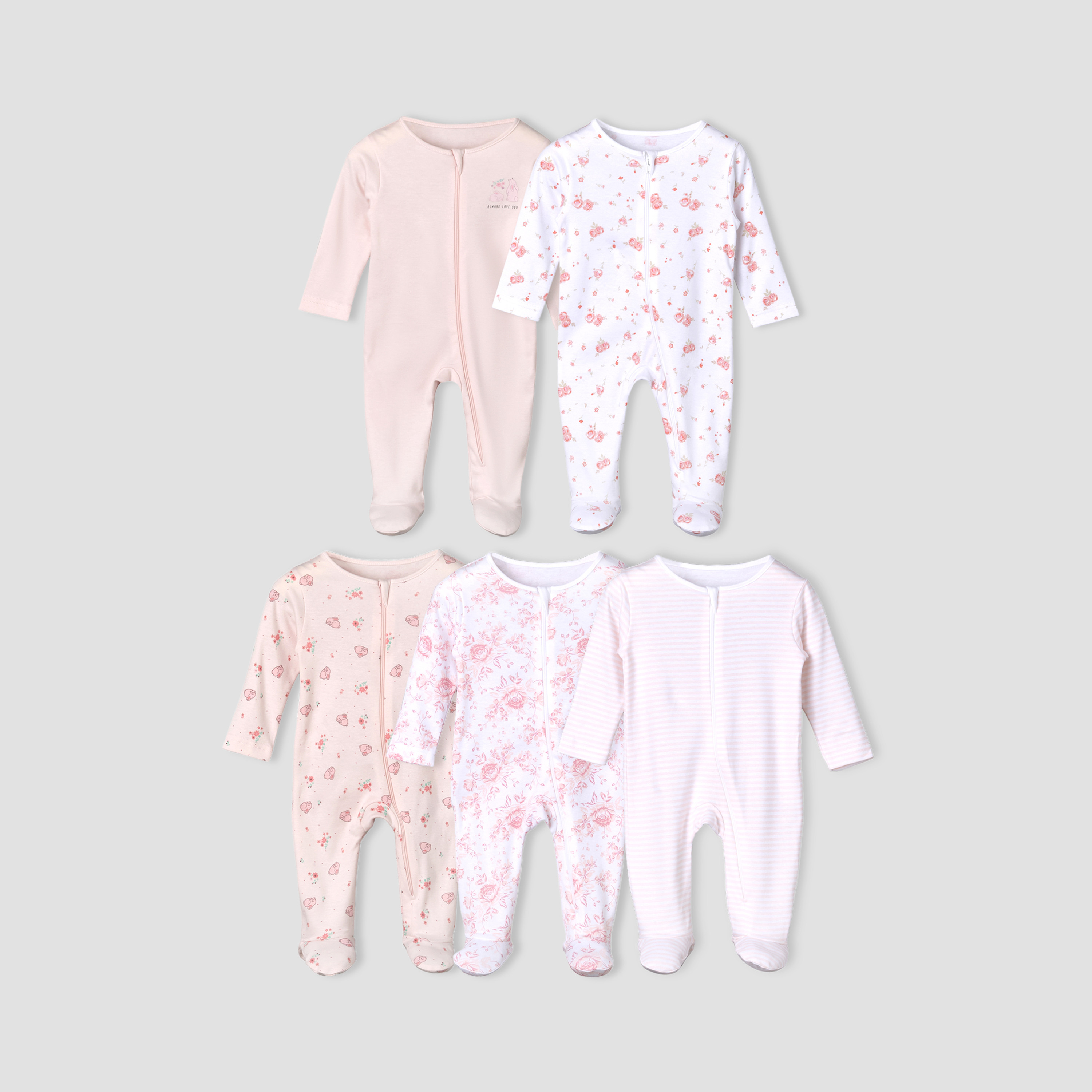 Pack of 5 Juniors Cotton Round Neck Long Sleeves Sleepsuit with Zip Closure-baby-girls-clothing-nightwear-sleepsuits-image-1