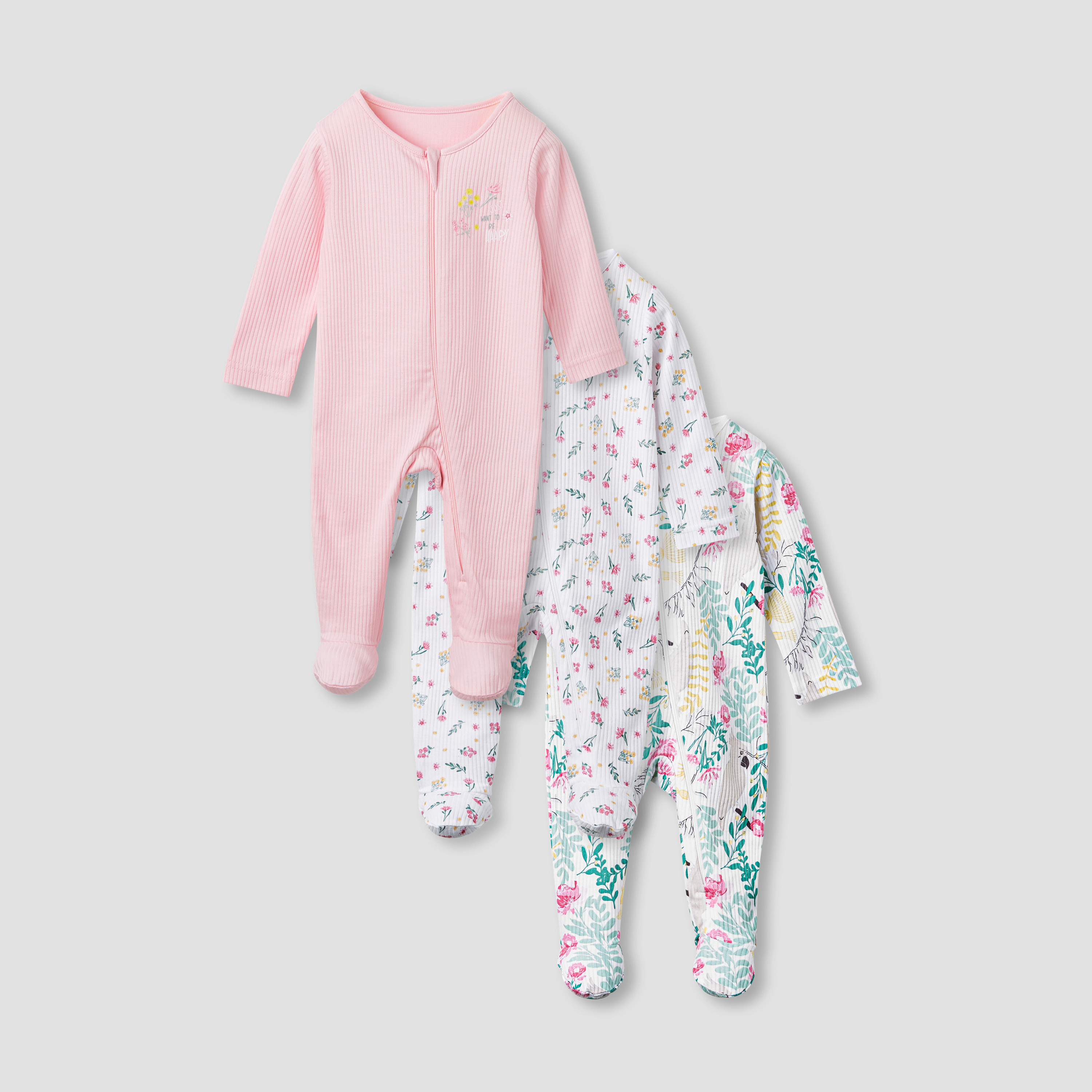 Juniors Floral Print Sleepsuit with Long Sleeves - Set of 3-baby-girls-clothing-nightwear-sleepsuits-image-1