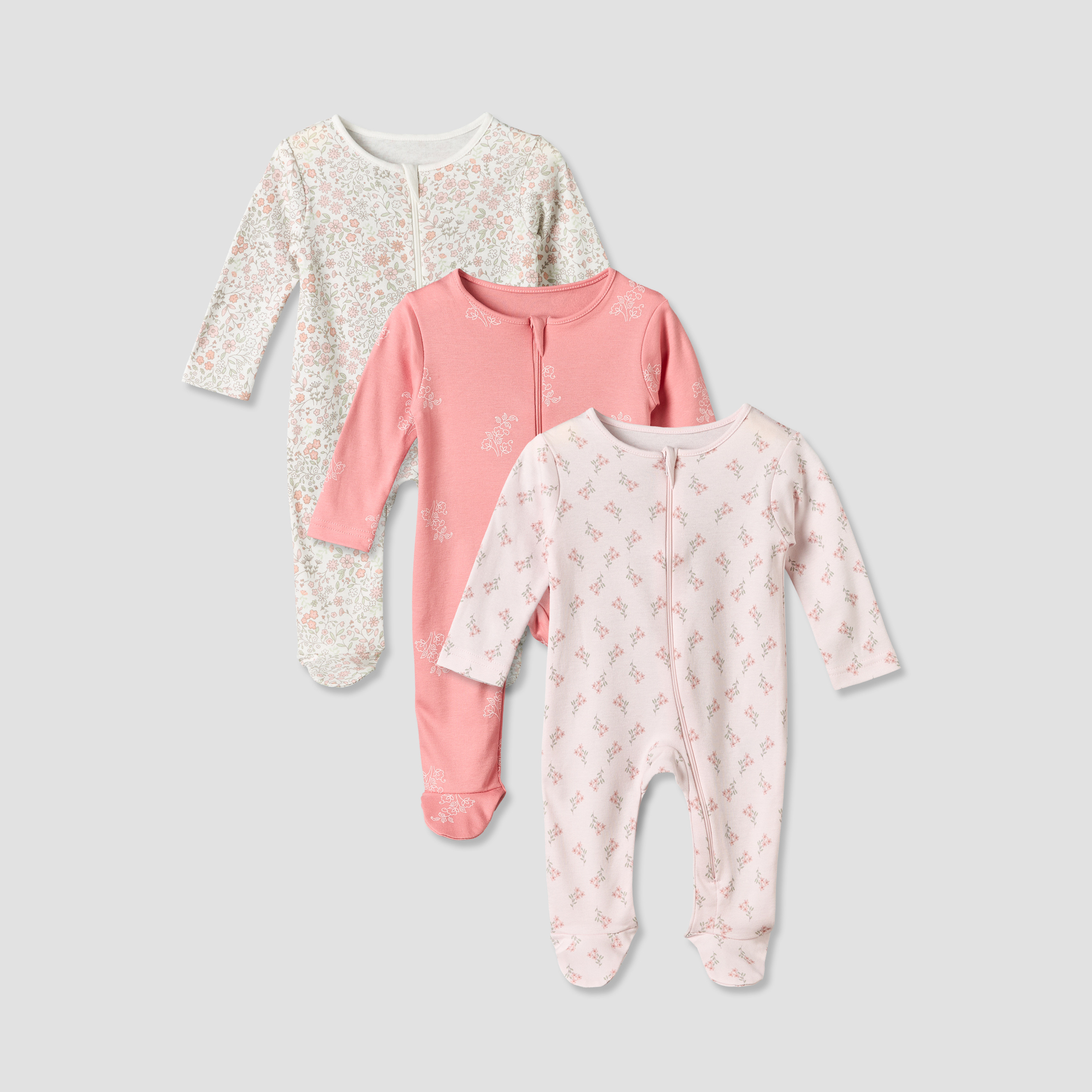 Pack of 3 Juniors Cotton Round Neck Long Sleeves Sleepsuit with Zip Closure-baby-girls-clothing-nightwear-sleepsuits-image-1