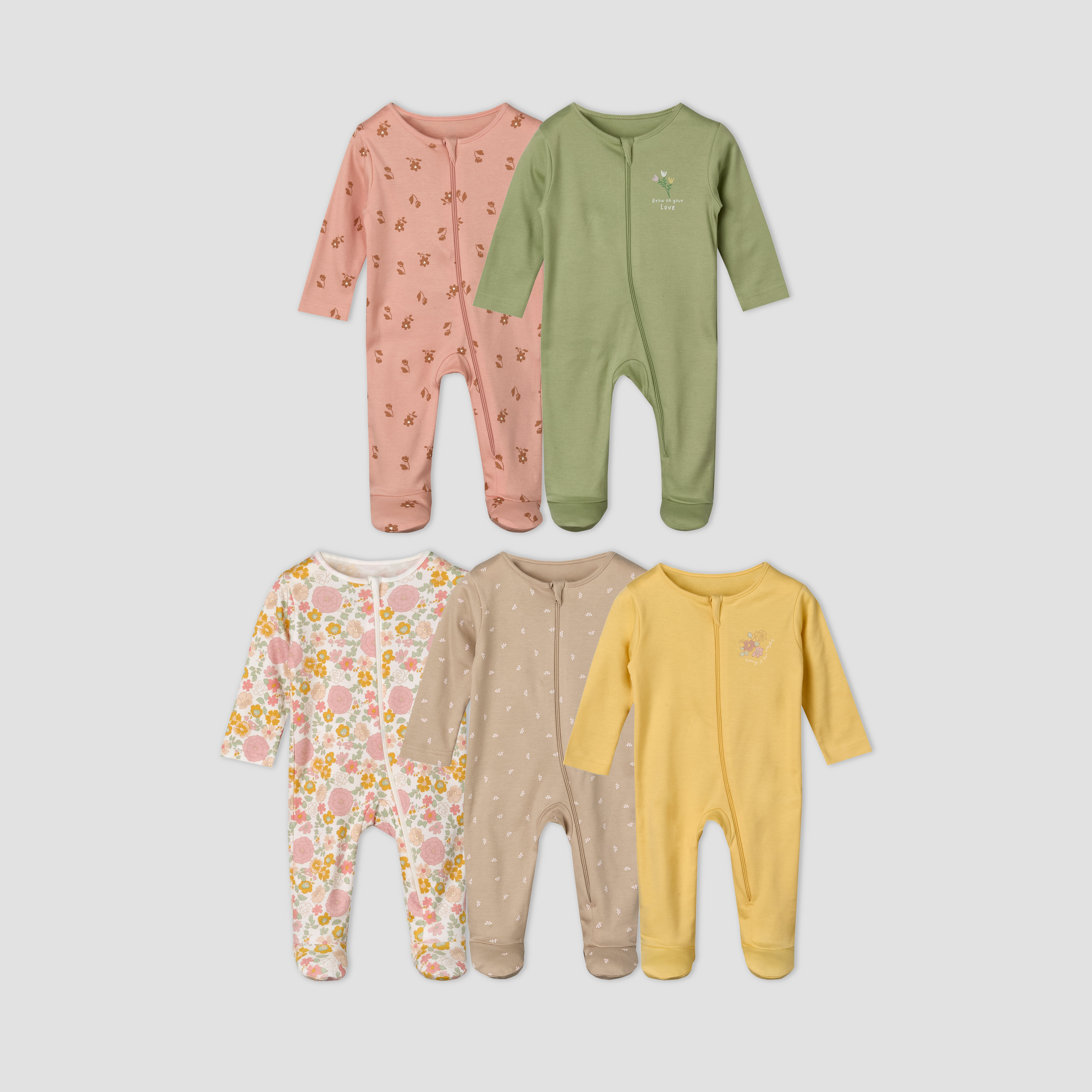 Pack of 5 Juniors Cotton Crew Neck Long Sleeves Sleepsuit with Zip Closure-baby-girls-clothing-nightwear-sleepsuits-image-1