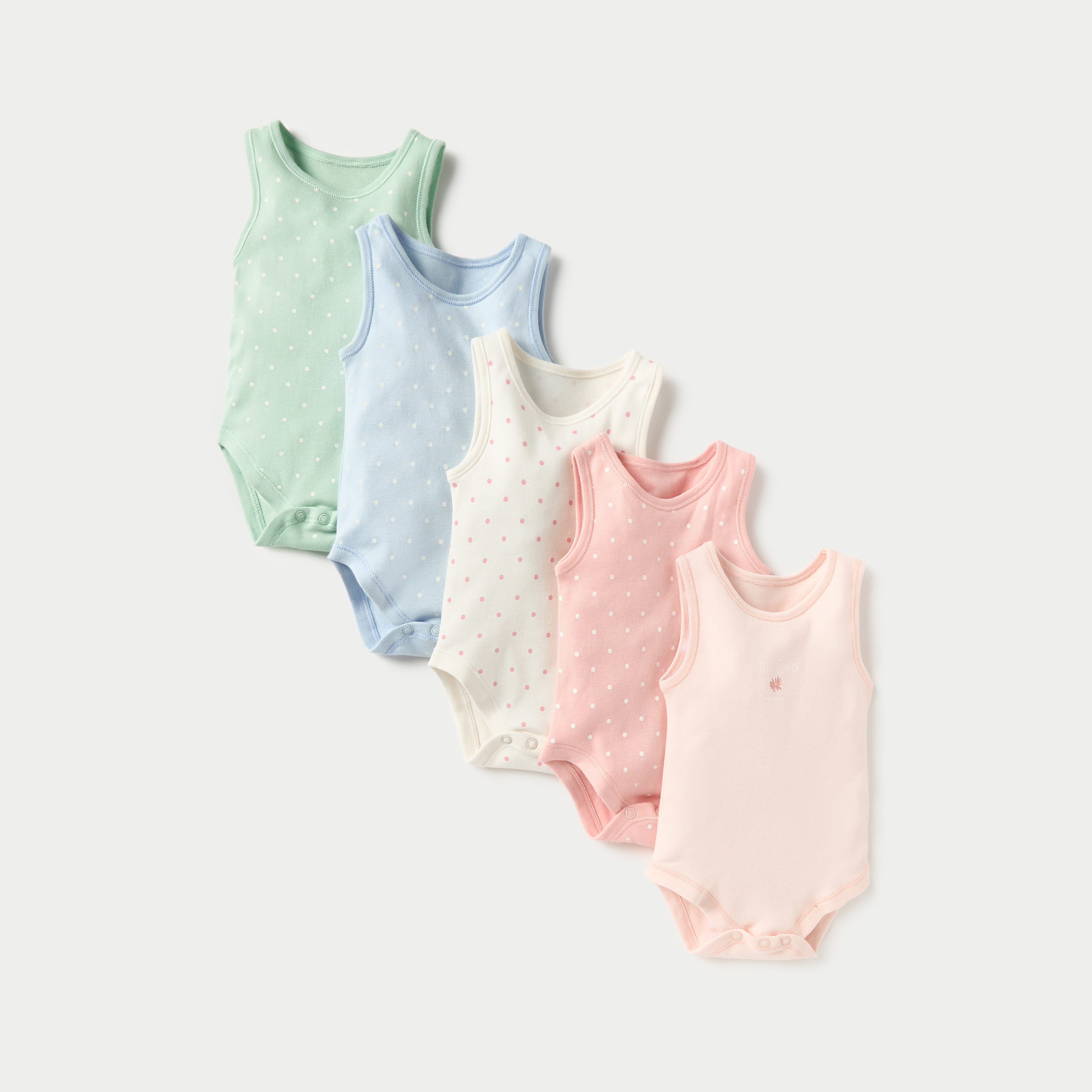 Juniors Polka Dot Print Sleeveless Bodysuit with Button Closure - Set of 5-baby-girls-clothing-bodysuits-image-1