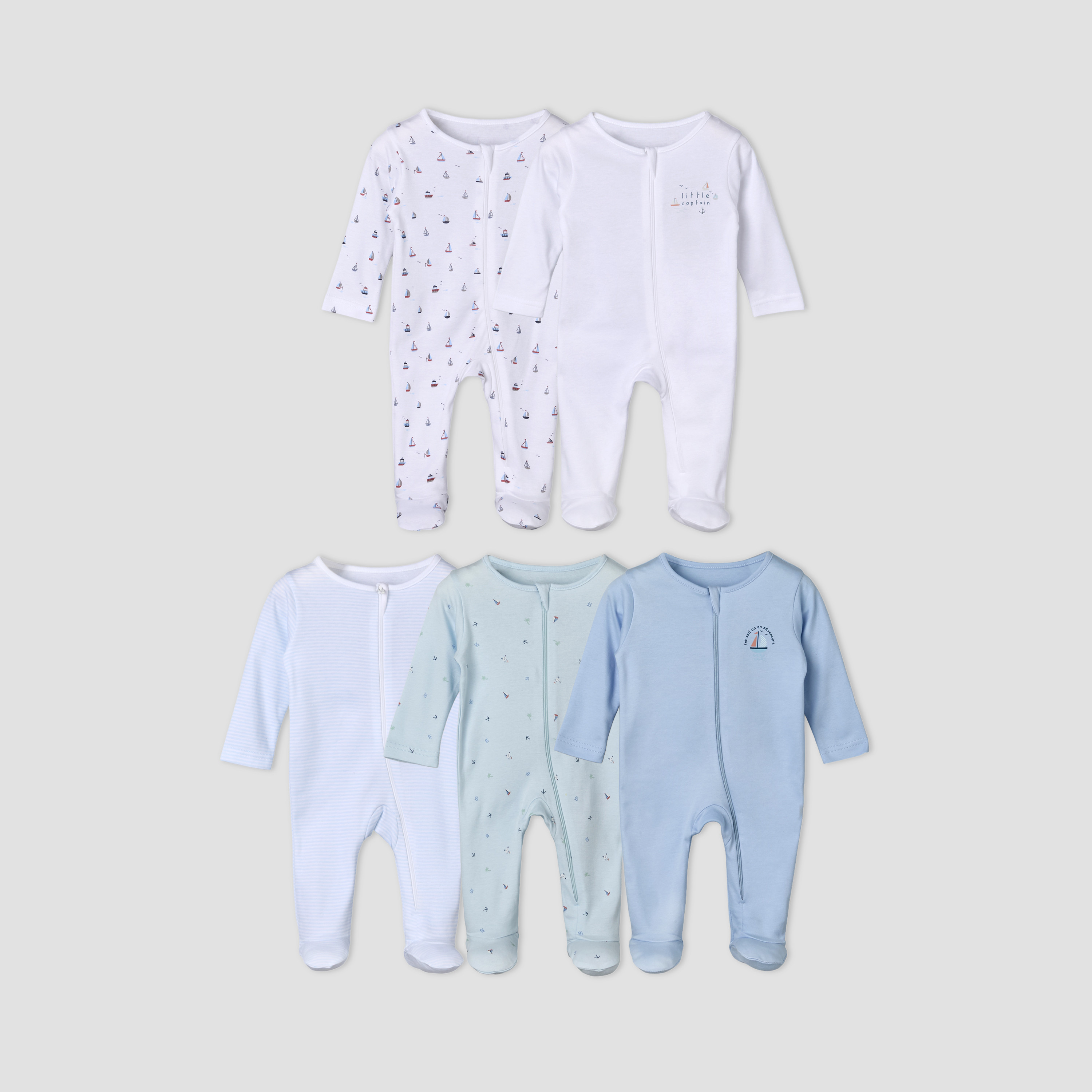 Pack of 5 Juniors Cotton Round Neck Long Sleeves Sleepsuit with Zip Closure-baby-boys-clothing-nightwear-sleepsuits-image-1